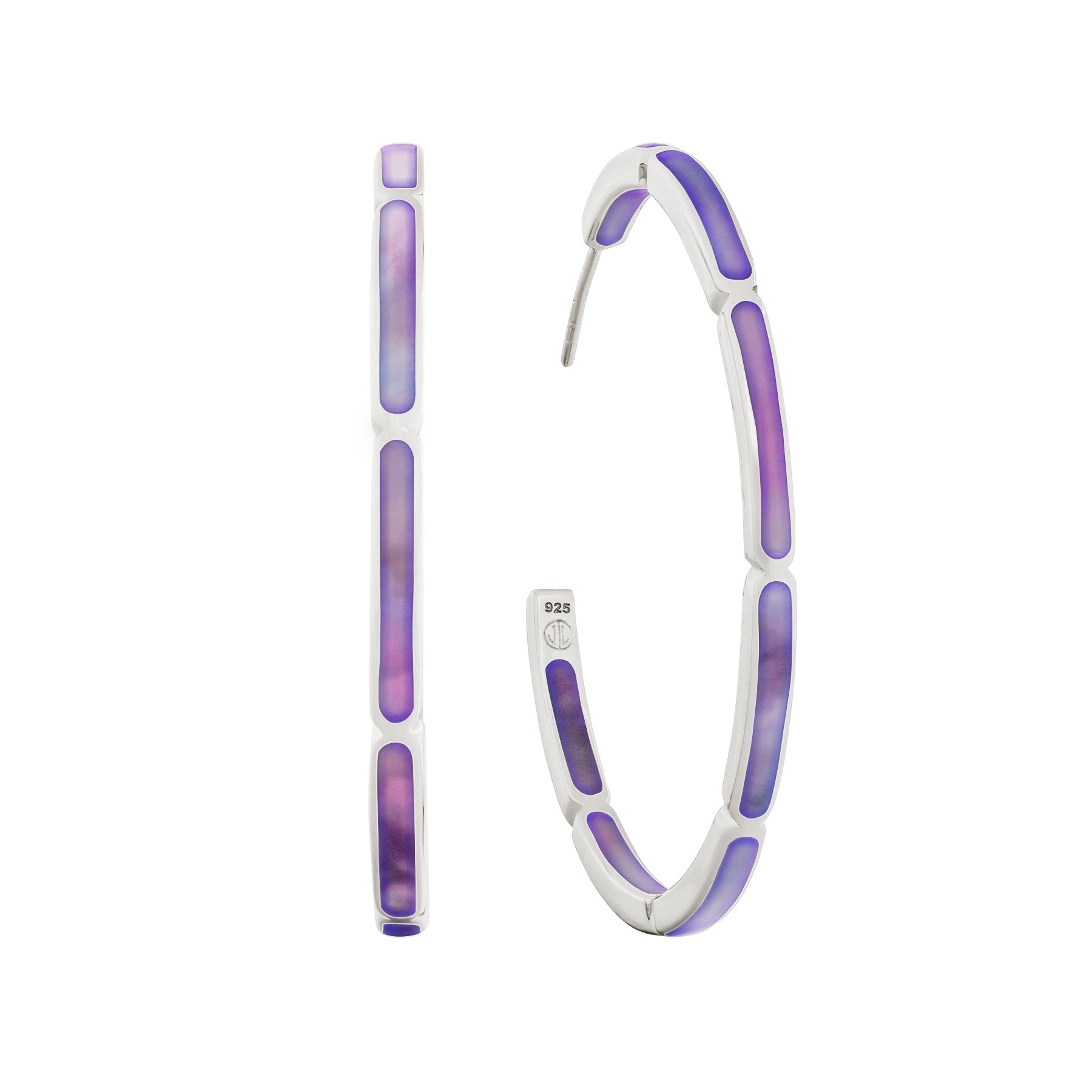  Sterling silver large hoop earrings with lavender mother-of-pearl rectangular station inlay by Jan Leslie.