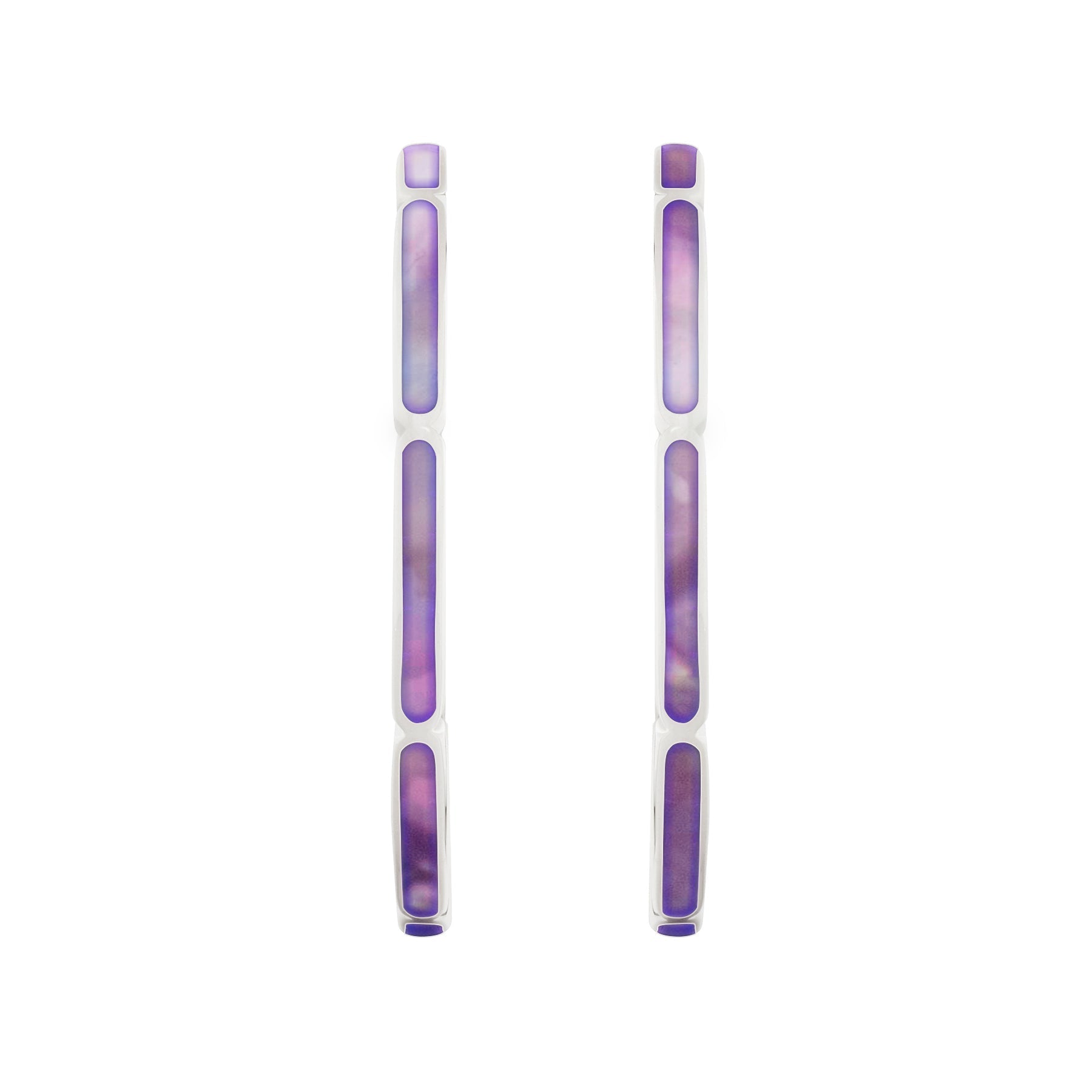 Sterling silver lavender mother-of-pearl station hoop earrings shown flat displaying inner and outer profile by Jan Leslie.