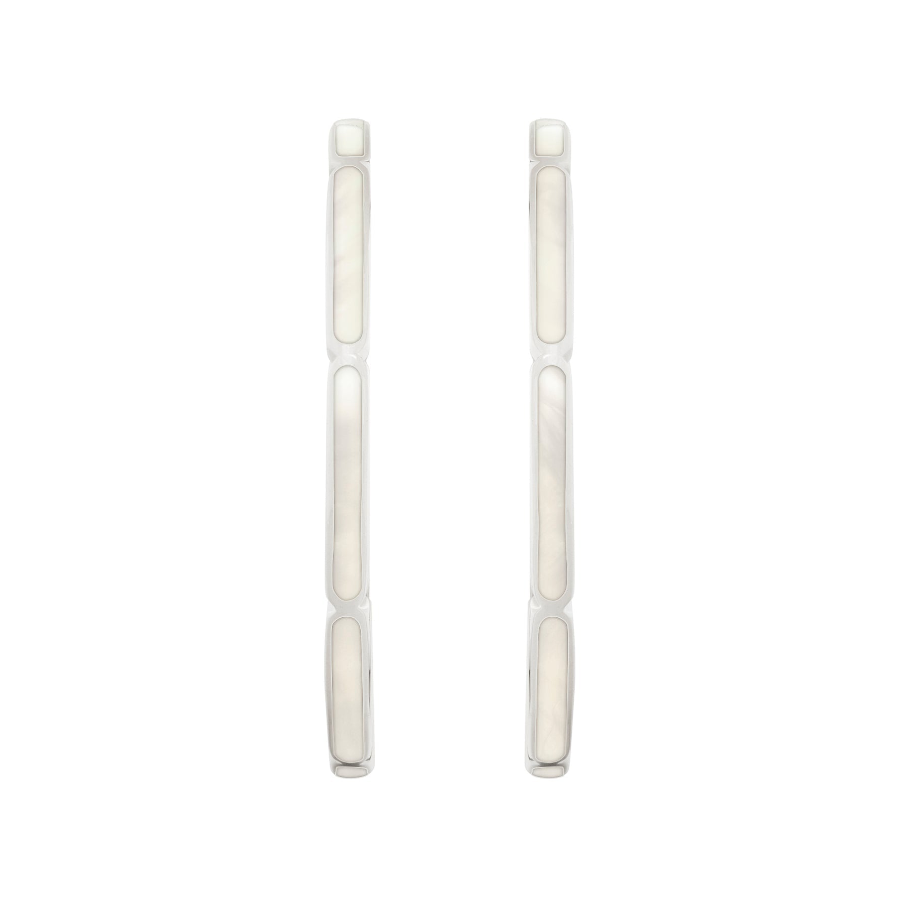  Sterling silver mother-of-pearl station hoop earrings shown flat displaying inner and outer profile by Jan Leslie.