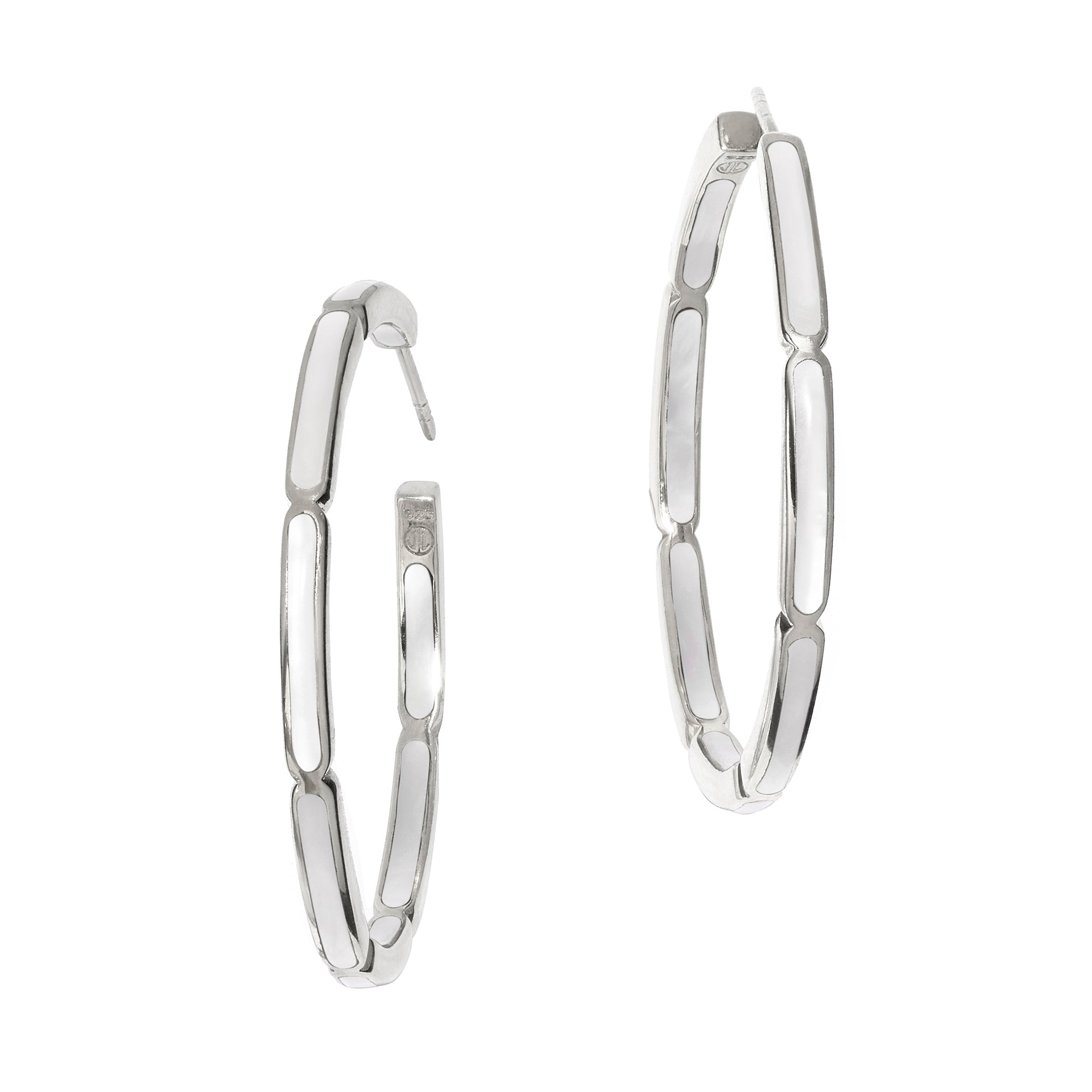 Sterling silver segmented station hoop earrings with polished bar links by Jan Leslie.