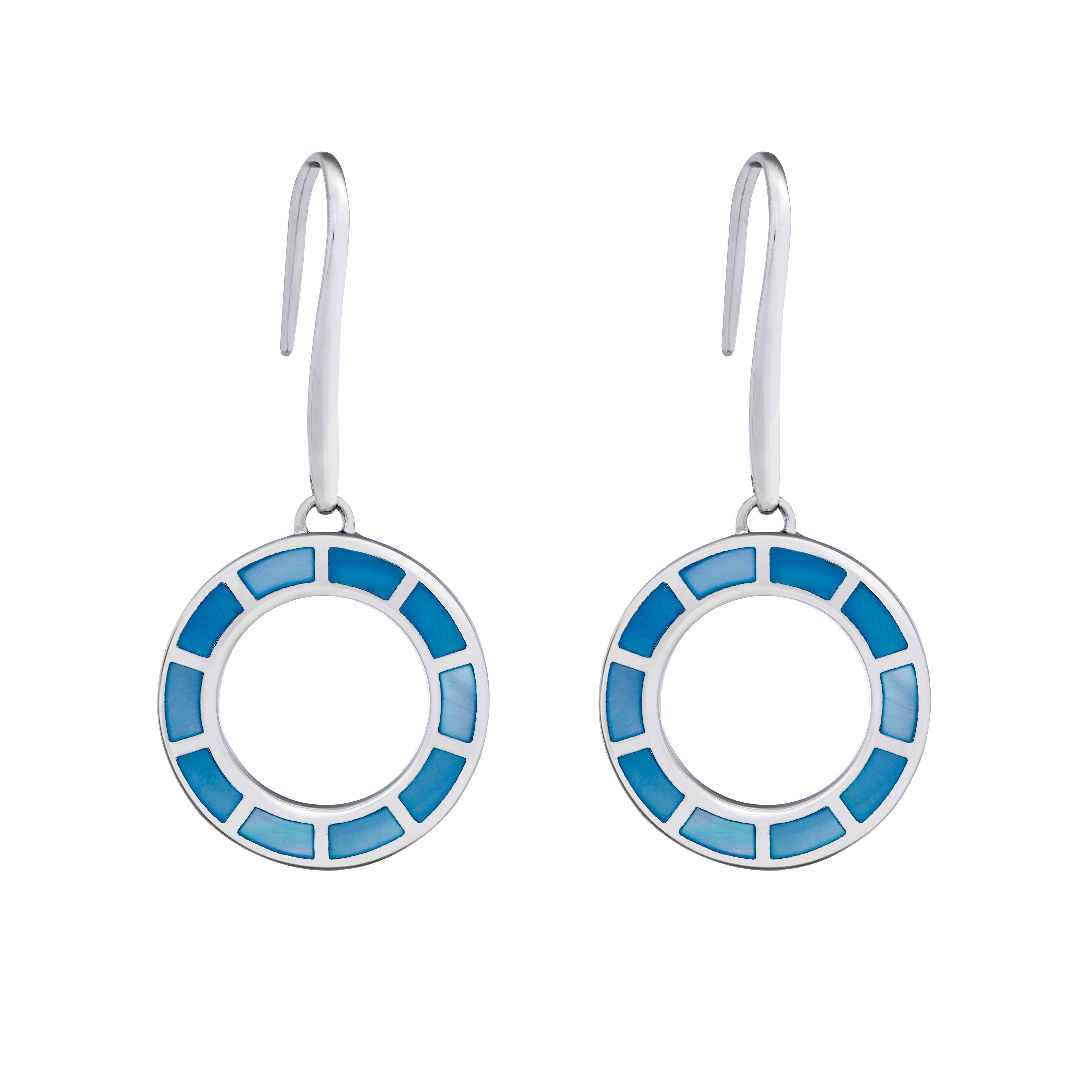 Pair of sterling silver open circle drop earrings with segmented light blue and cornflower blue enamel mosaic tile inlay on shepherd hook wires.