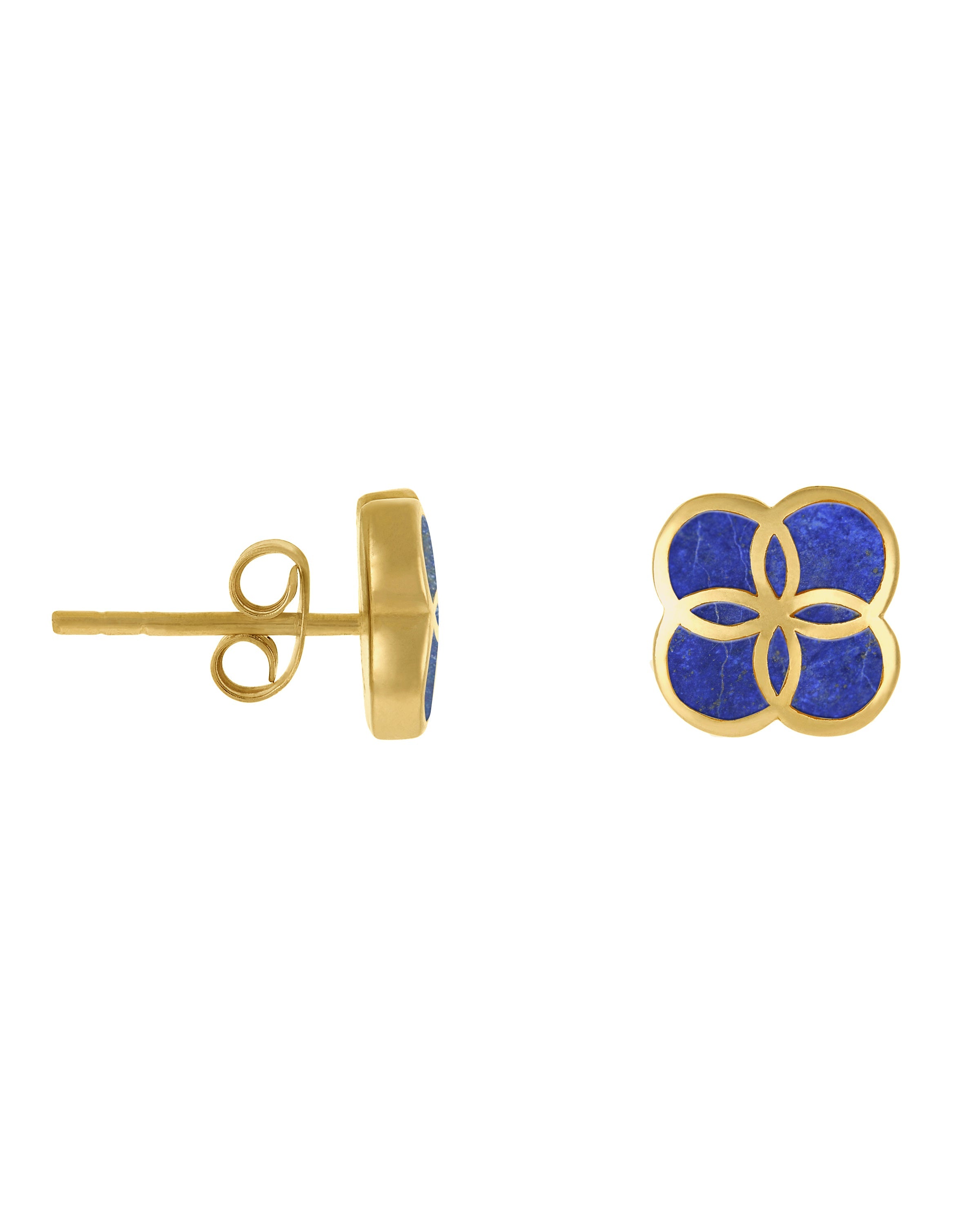  18K gold vermeil lapis lazuli petal Seed of Life stud earrings pair face-on view showing Seed of Life cloisonné gold lattice over natural deep royal blue lapis lazuli cells with blue-grey matrix veining by Jan Leslie