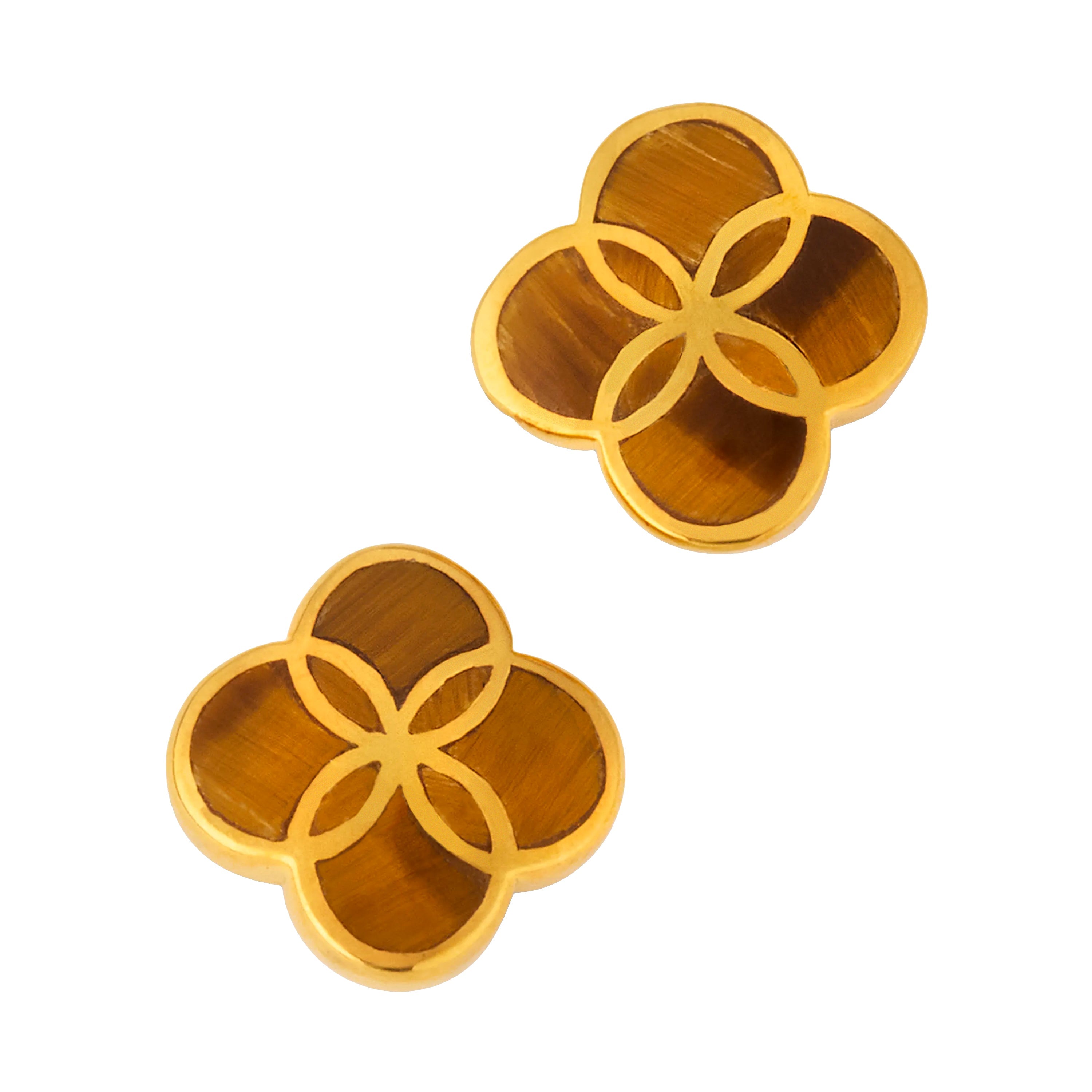  18K gold vermeil tiger eye petal Seed of Life stud earrings pair angled view showing Seed of Life cloisonné gold lattice over natural warm amber-brown chatoyant tiger eye cells with silky fibrous inclusions by Jan Leslie