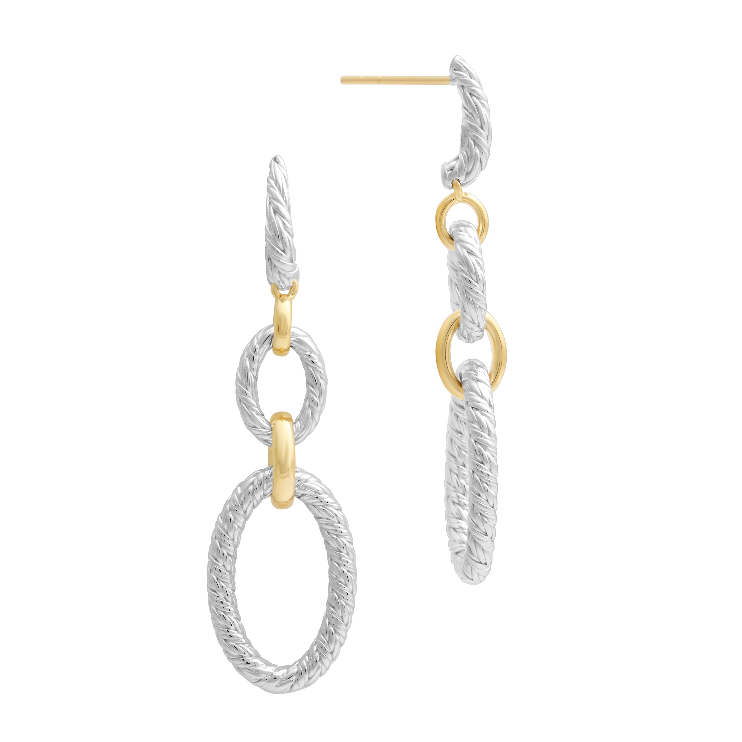 Elegant two-tone drop earrings featuring textured sterling silver rope-link ovals with polished gold connectors and diamond-accented hooks.