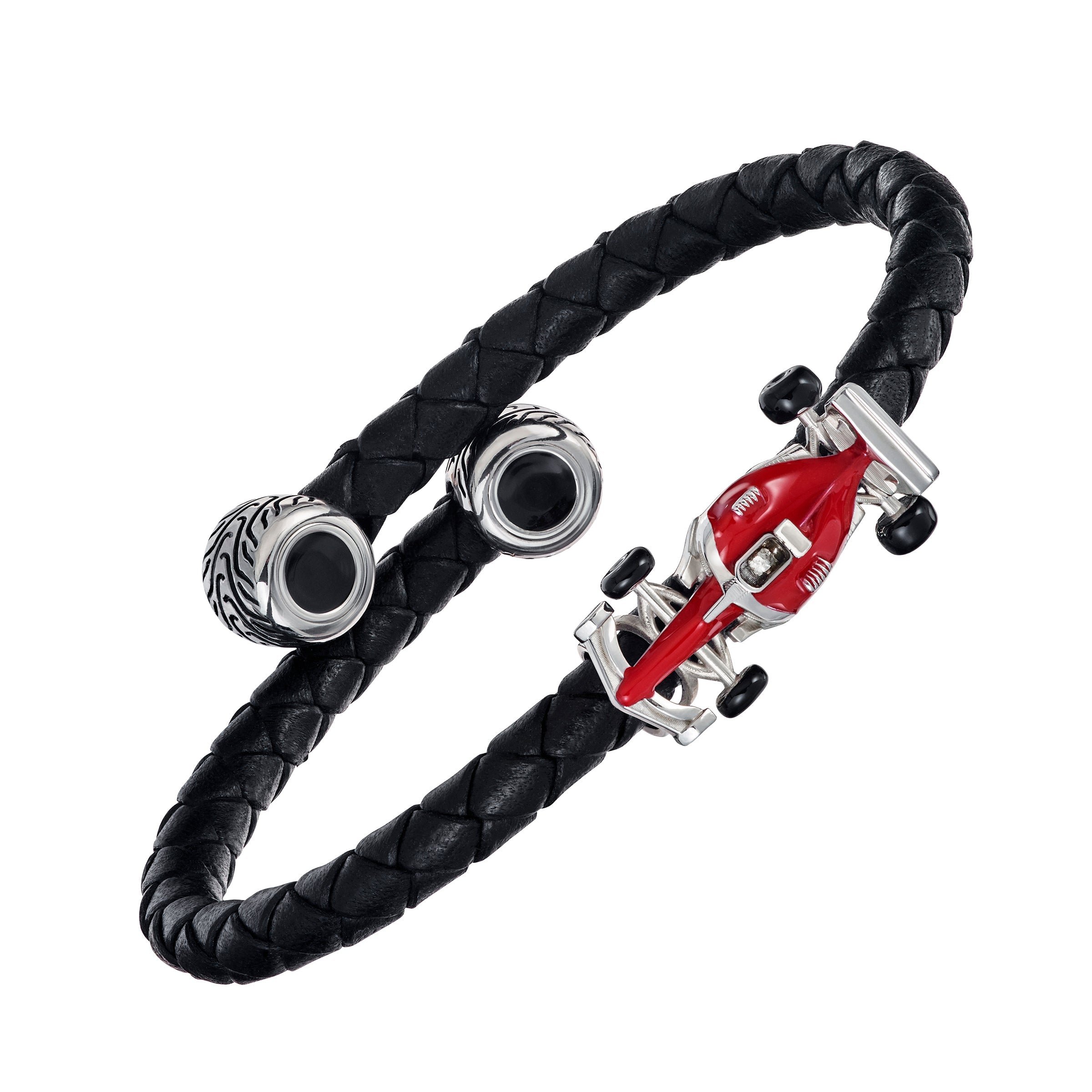  Sterling silver Formula 1 racing car bracelet alternate flat view showing double-wrap black braided leather cord red enamel F1 car clasp and oxidized silver tire-tread end caps with black onyx centers by Jan Leslie