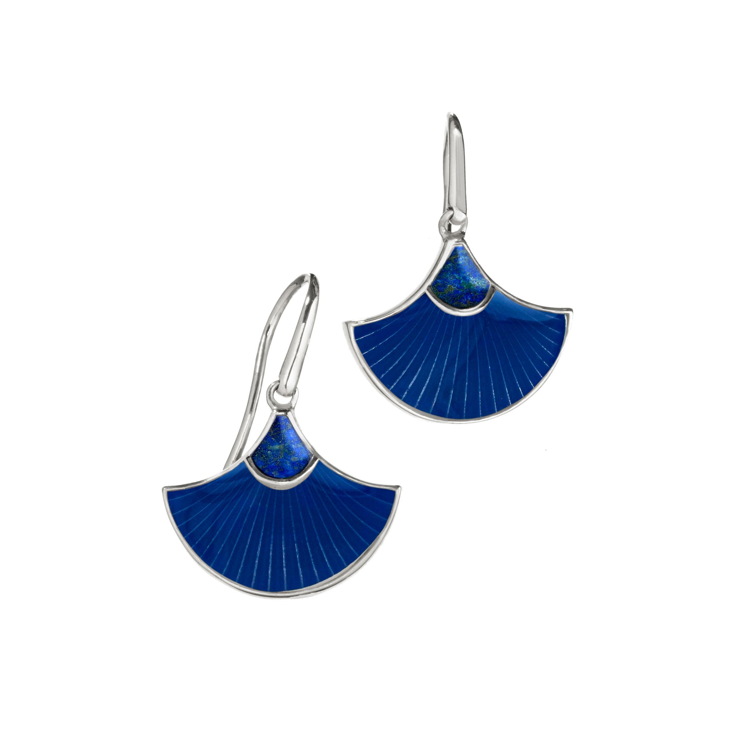 Fan-shaped royal blue guilloche enamel dangle earring pair 