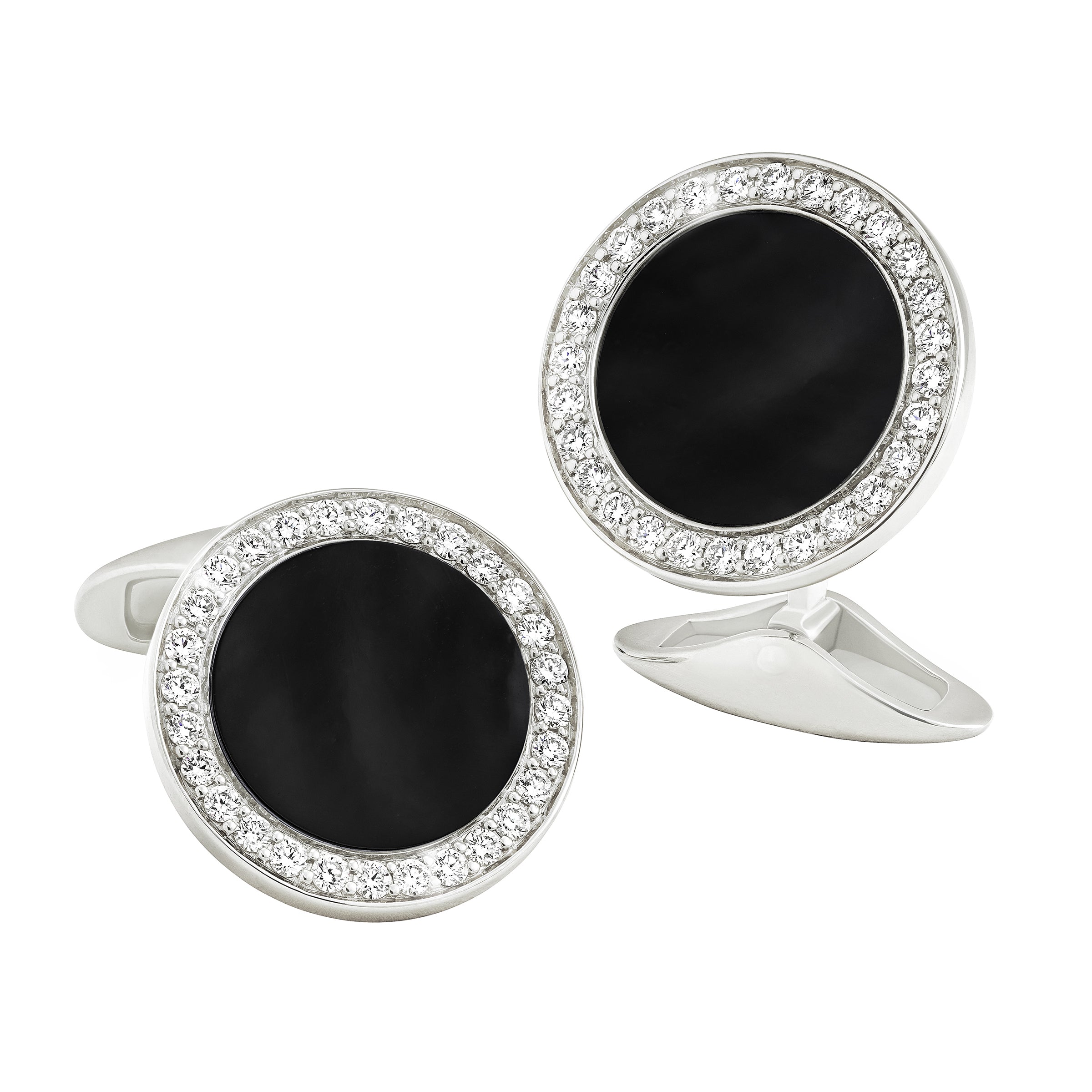  Sterling silver black onyx and crystal pavé round cufflinks pair angled view showing deep matte black onyx center full crystal pavé halo and bullet-back closure by Jan Leslie