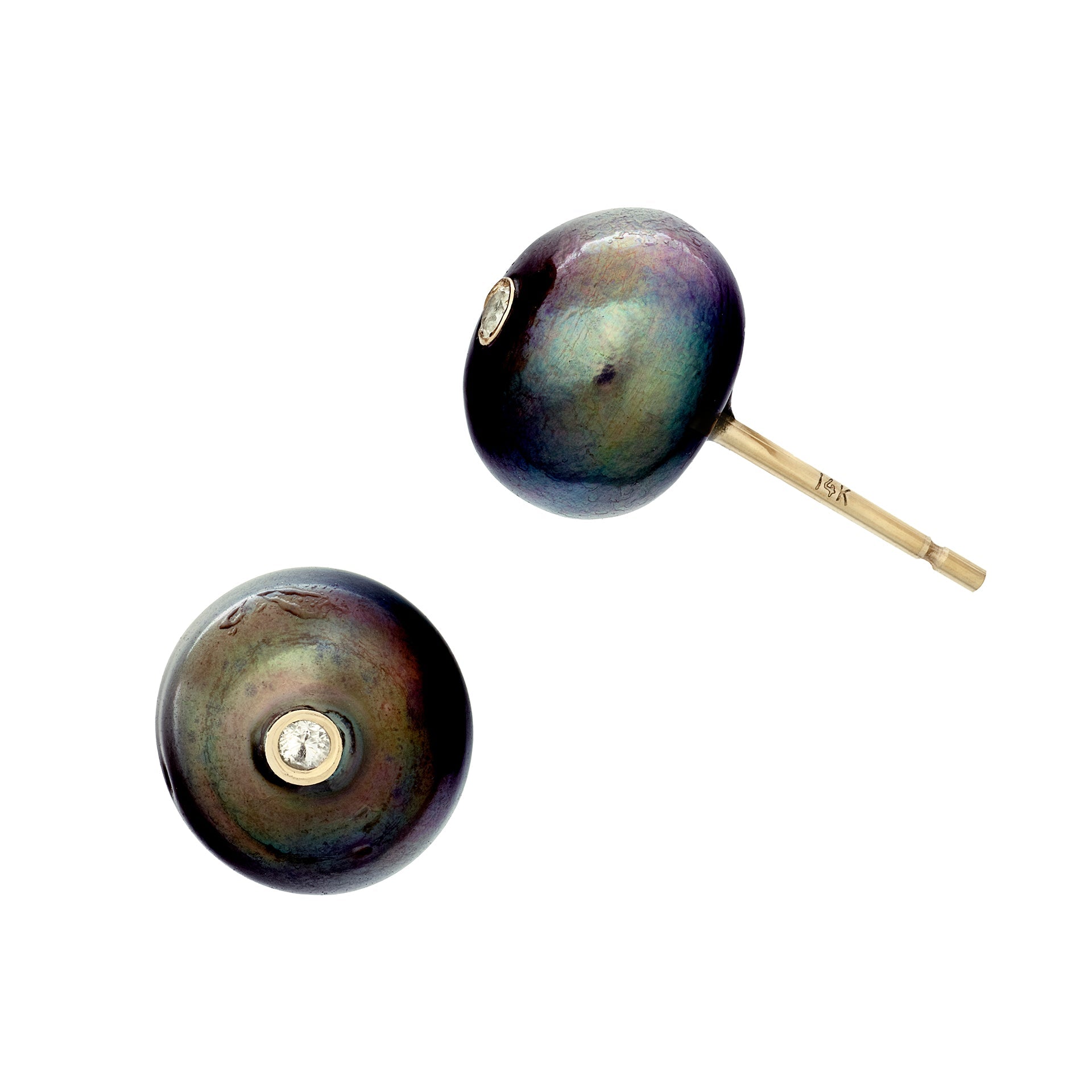 Tahitian black pearl stud earrings with bezel-set diamond accent on 14K gold post. Peacock iridescence, baroque beauty. Jan Leslie.