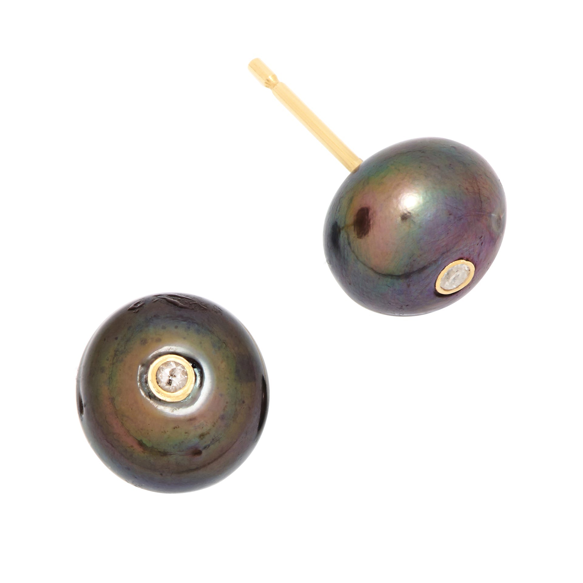 Tahitian black pearl stud earrings with bezel-set diamond accent on 14K gold post. Jan Leslie.

