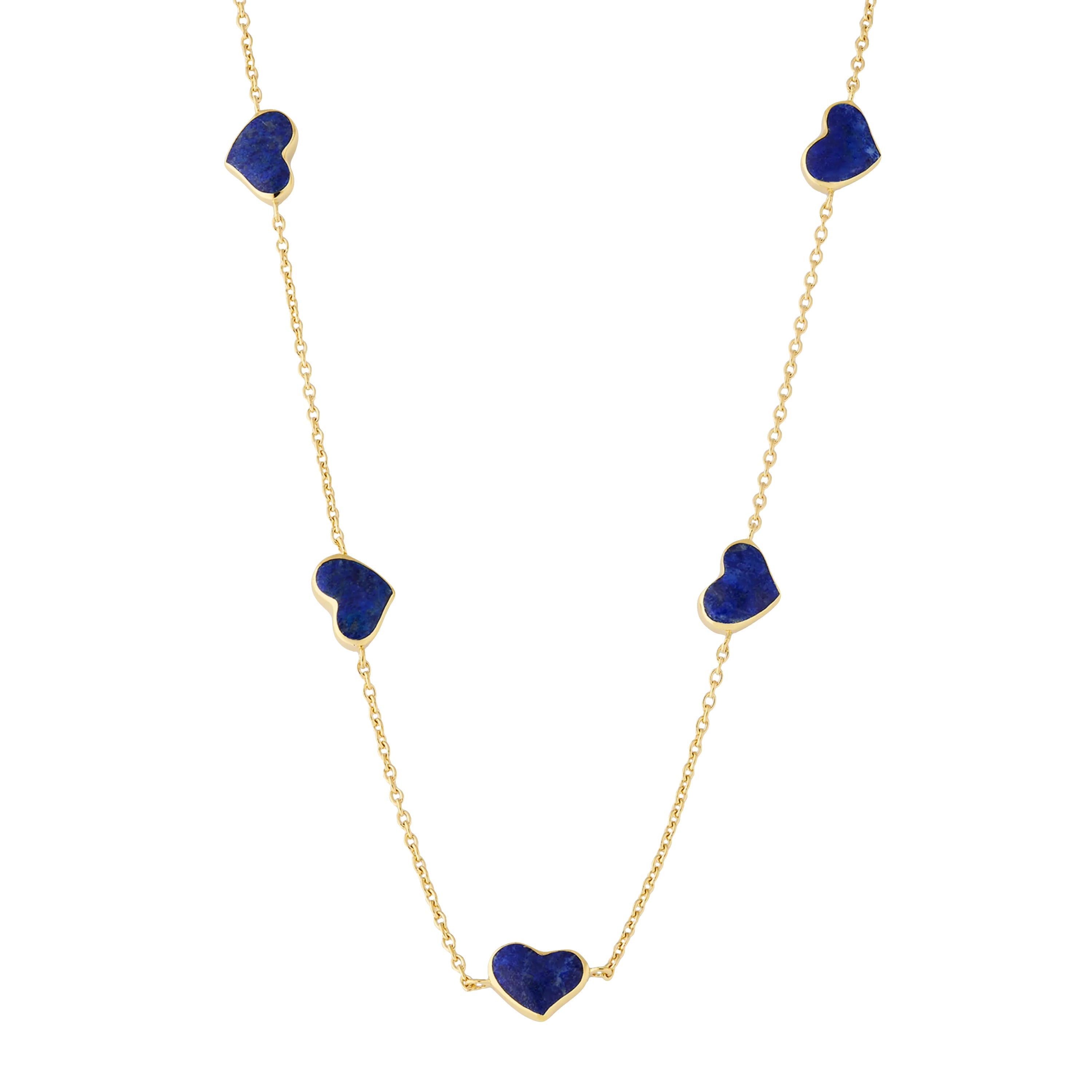 Blue lapis five-heart station necklace draped on gold cable chain — Jan Leslie