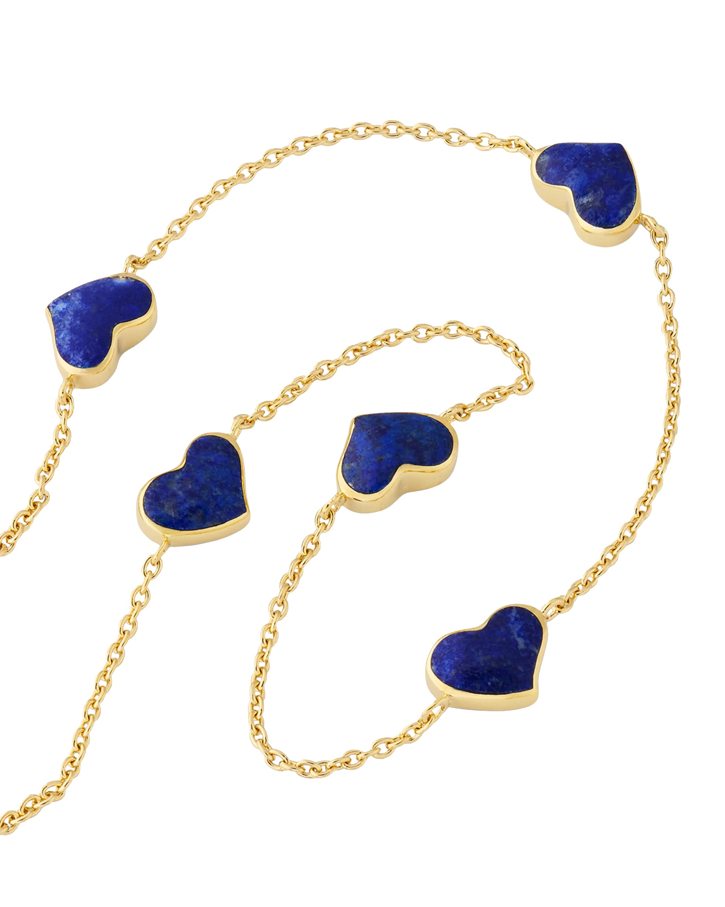 Blue lapis five-heart bezel station necklace on gold cable chain — Jan Leslie