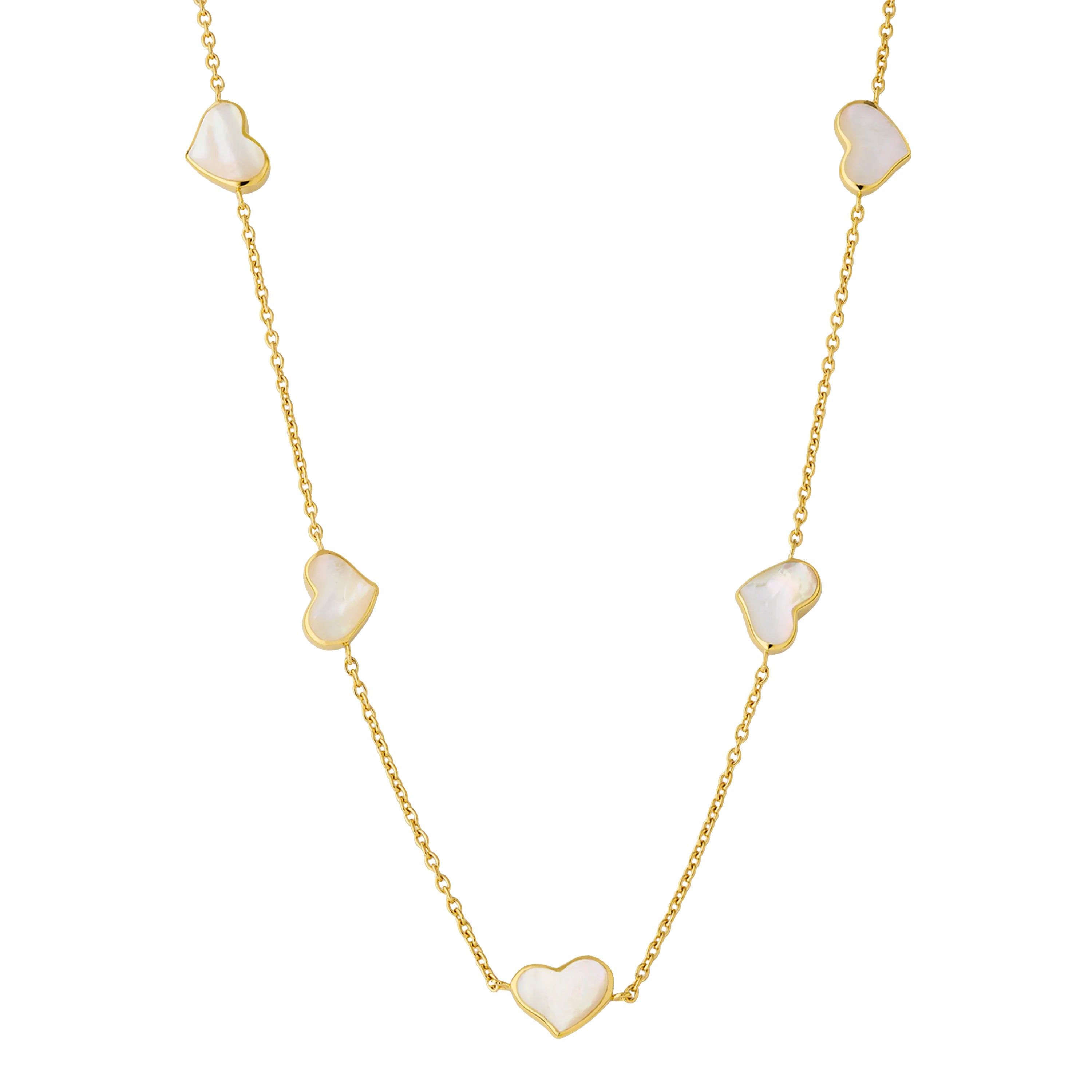 White mother-of-pearl five-heart bezel station necklace on gold cable chain — Jan Leslie