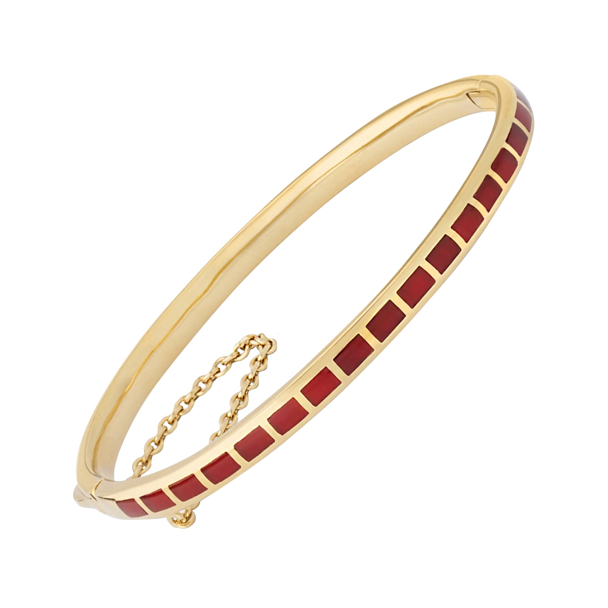 Channel-set coral red square tile gold vermeil open cuff bangle bracelet 