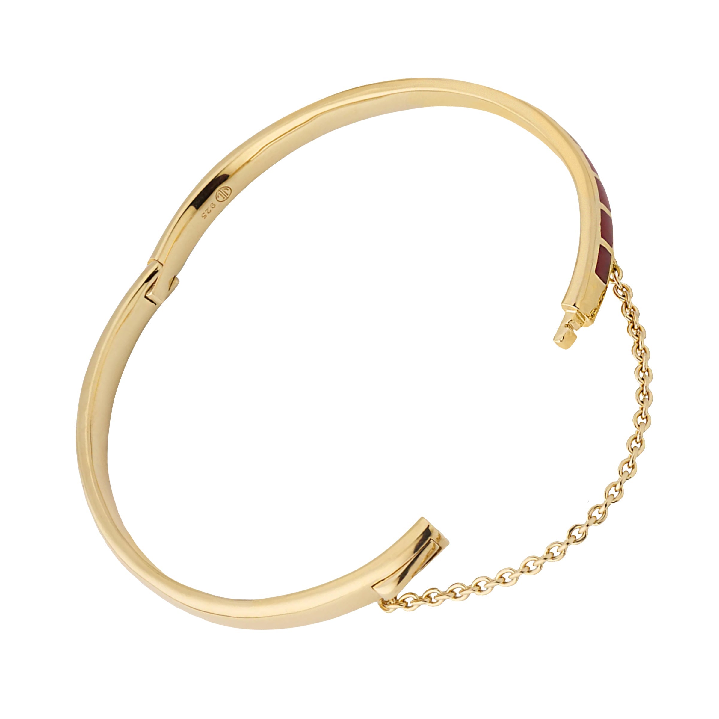 Channel-set coral red square tile gold vermeil open cuff bangle bracelet