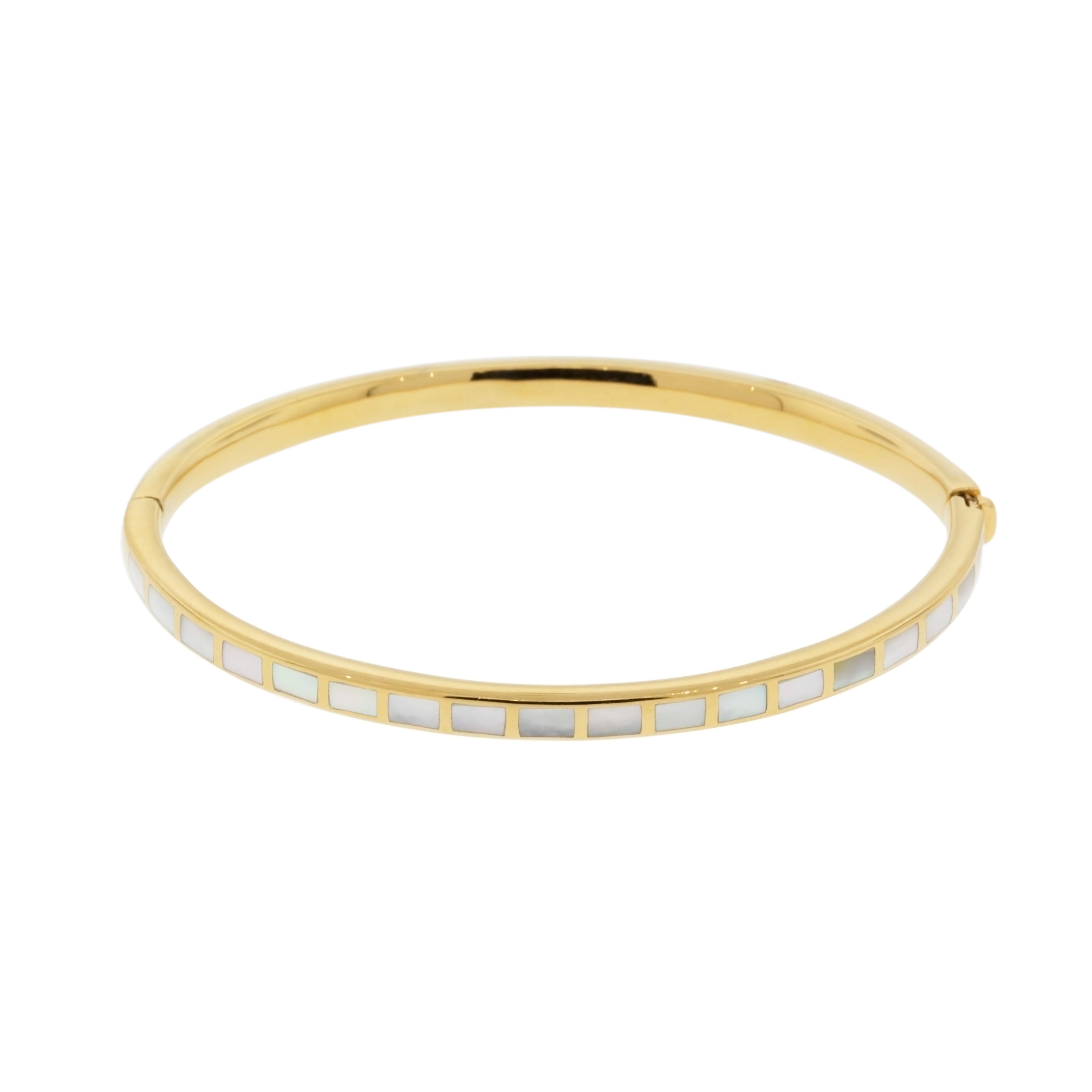 Channel-set white mother of pearl square tile gold vermeil hinged bangle bracelet