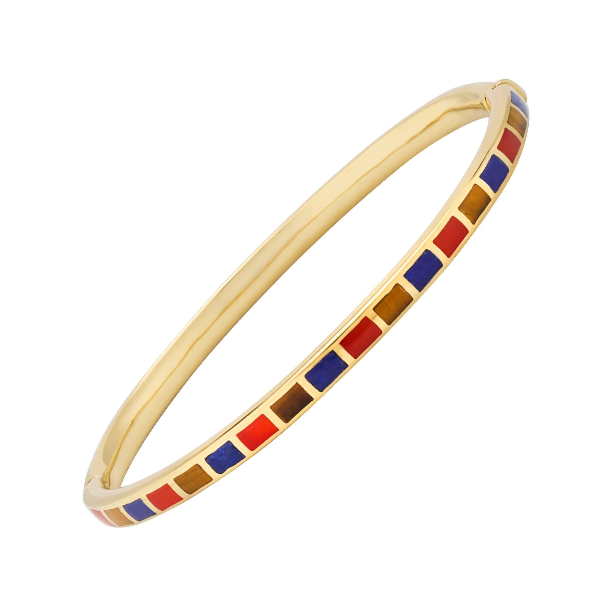 Multicolor enamel tile inlay gold bangle bracelet with hinged clasp — Jan Leslie