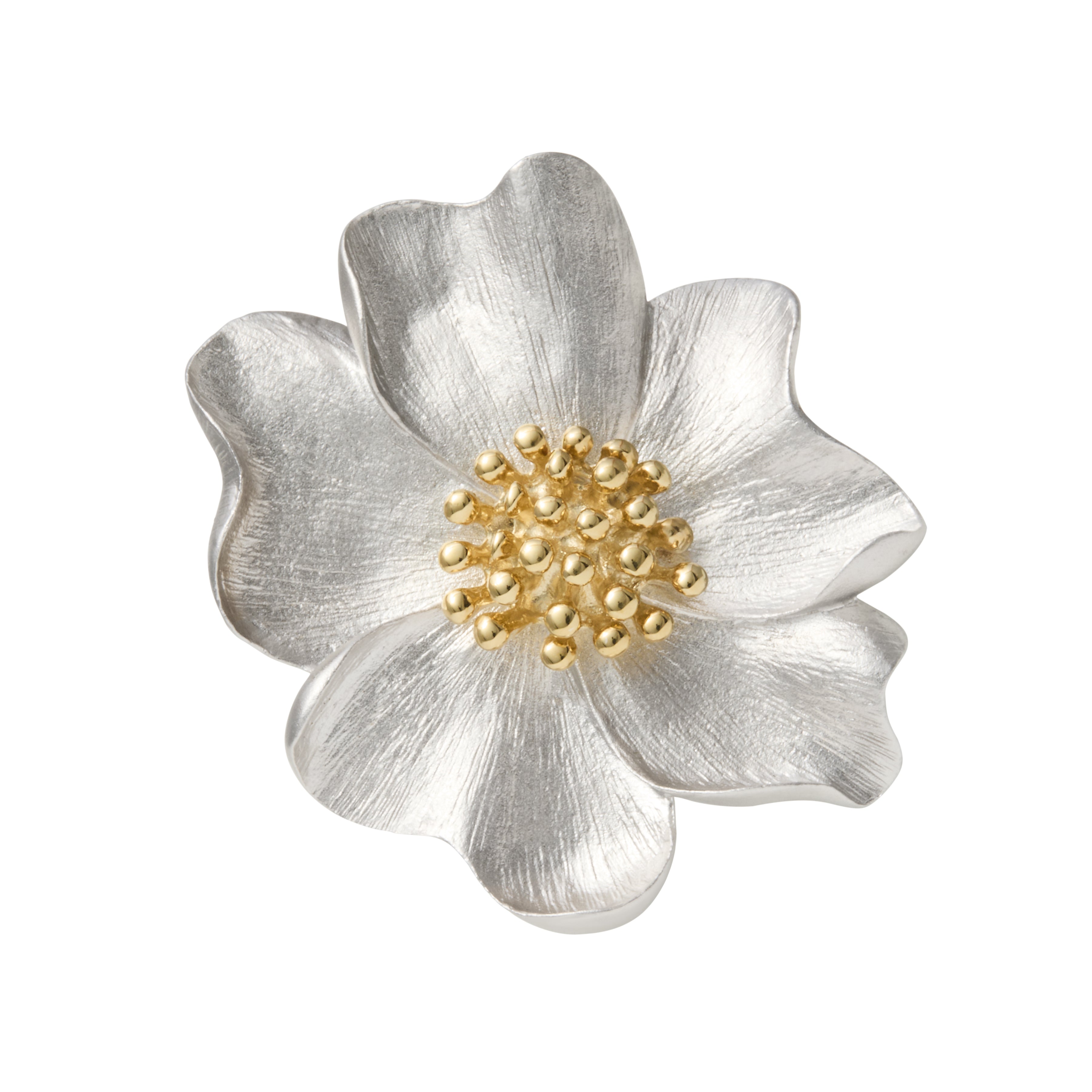 Brushed sterling silver wildflower brooch with 18k gold vermeil stamen accents — a breathtaking, nature-inspired statement pin that brings sculptural elegance and artisan beauty to any lapel or neckline.