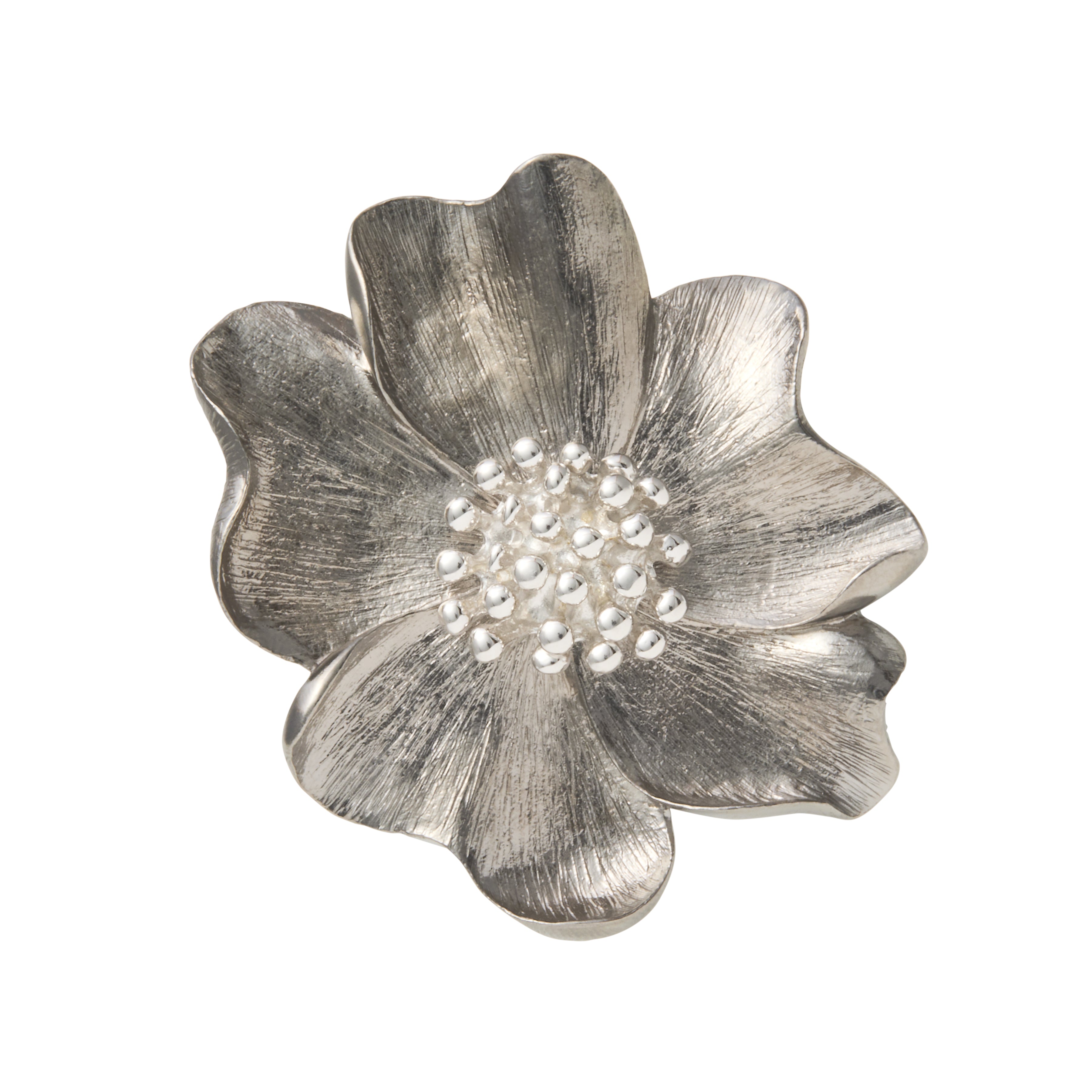 Large sterling silver brushed daisy flower brooch with a polished granulated center.