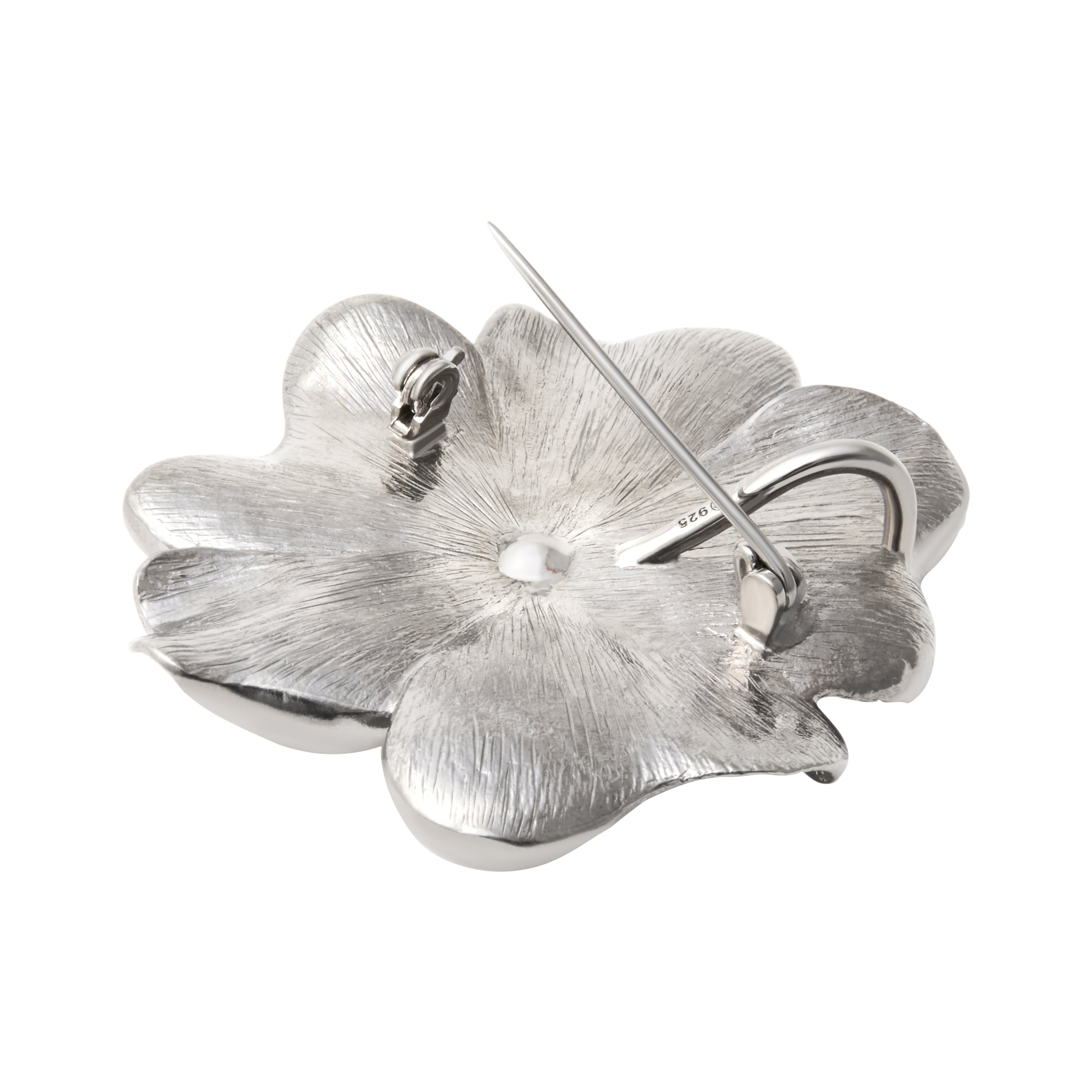 Hallmarked 925 sterling silver large daisy flower brooch with a brushed texture finish and a secure double-locking pin clasp backing.