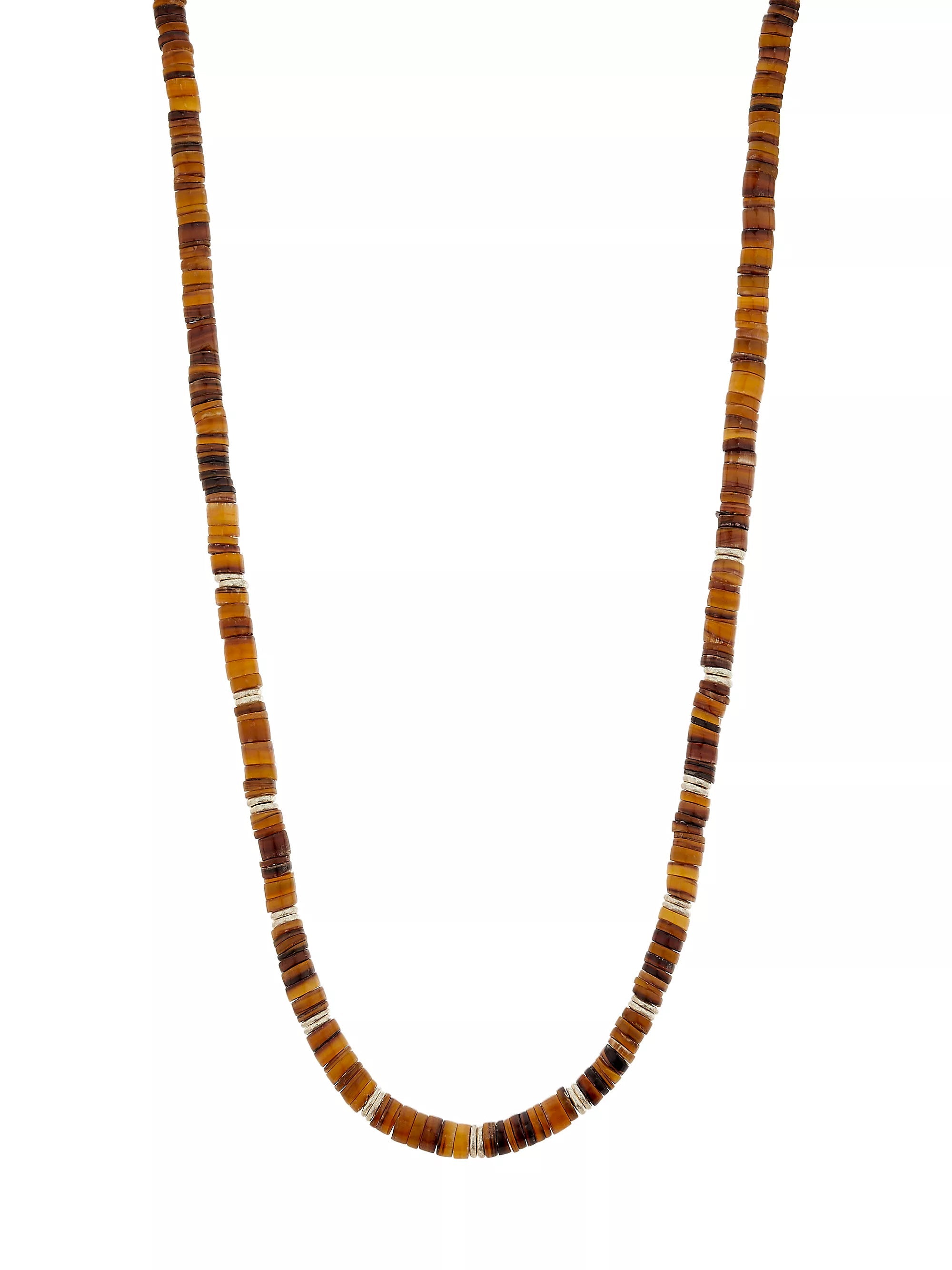 Brown cognac tiger's eye and shell heishi bead sterling silver necklace