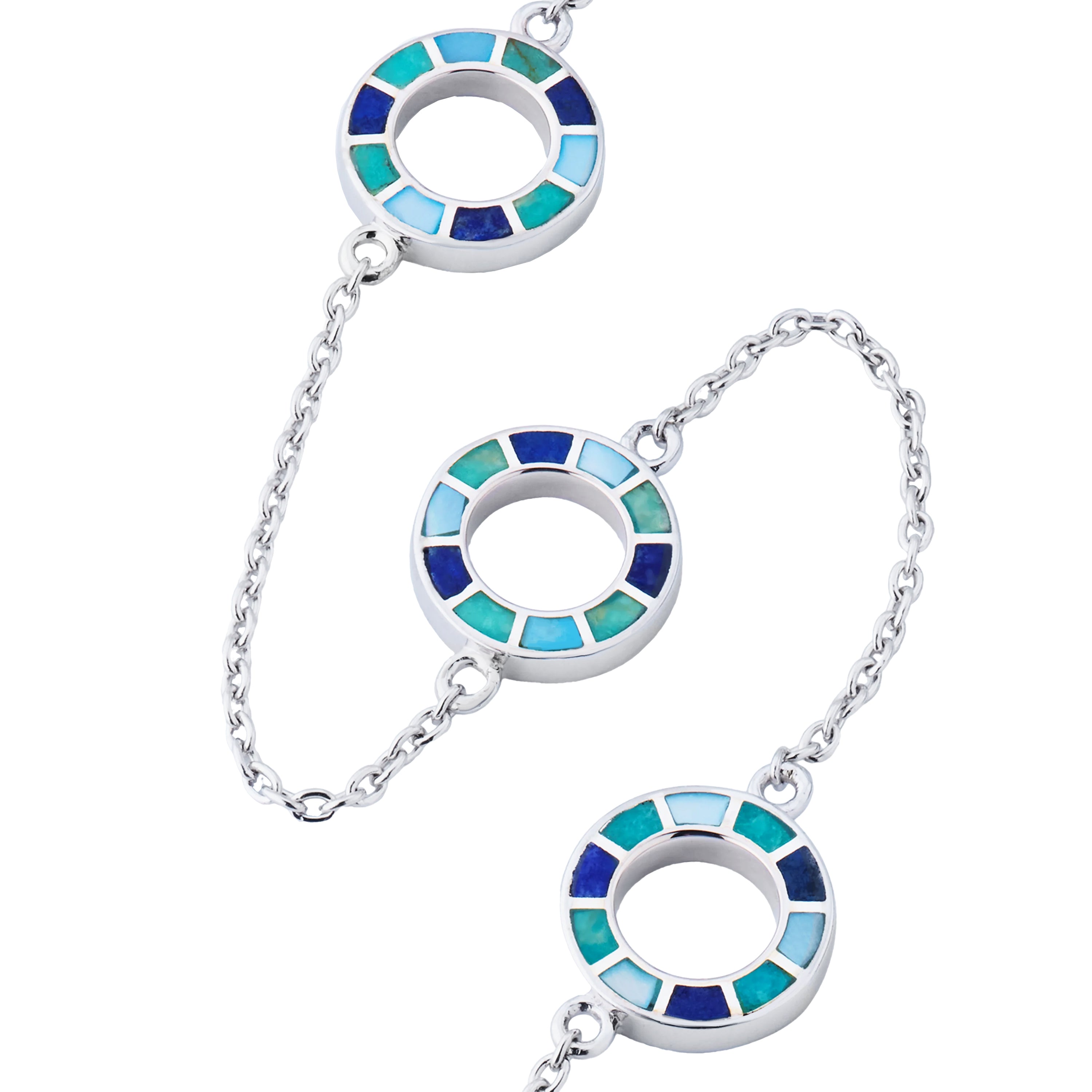 Dash Circle Gemstone Triple Station Tonal Blue Sterling Necklace