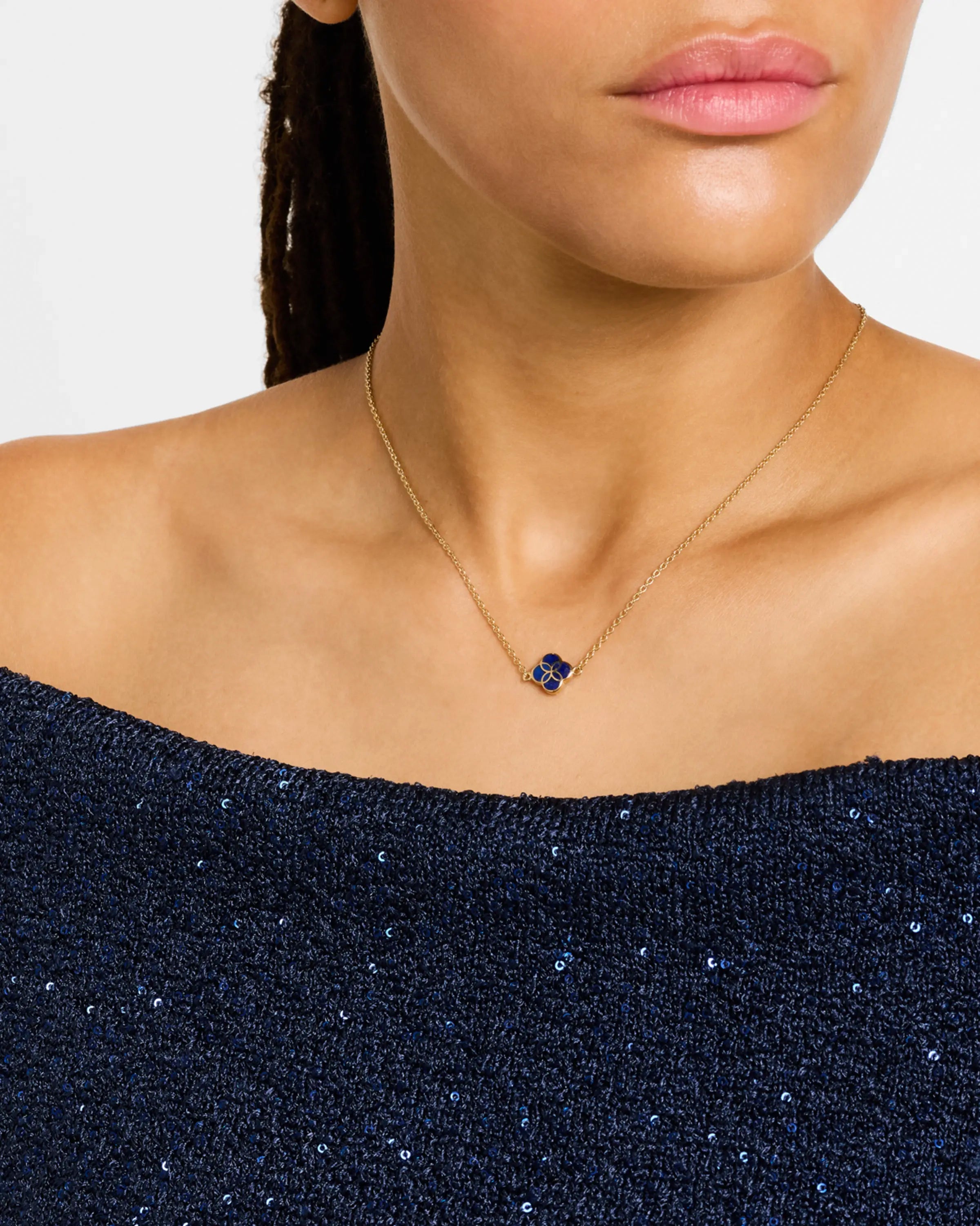 Lapis lazuli quatrefoil inlay pendant on gold cable chain necklace — Jan Leslie