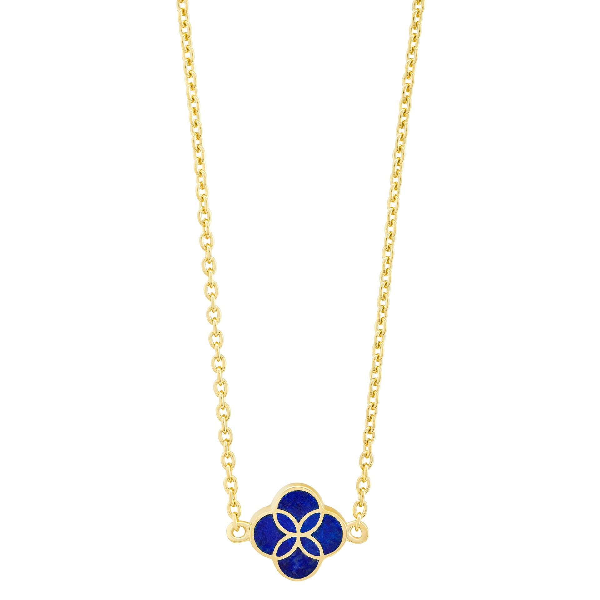 Lapis lazuli quatrefoil inlay pendant with gold cable chain, detail view — Jan Leslie