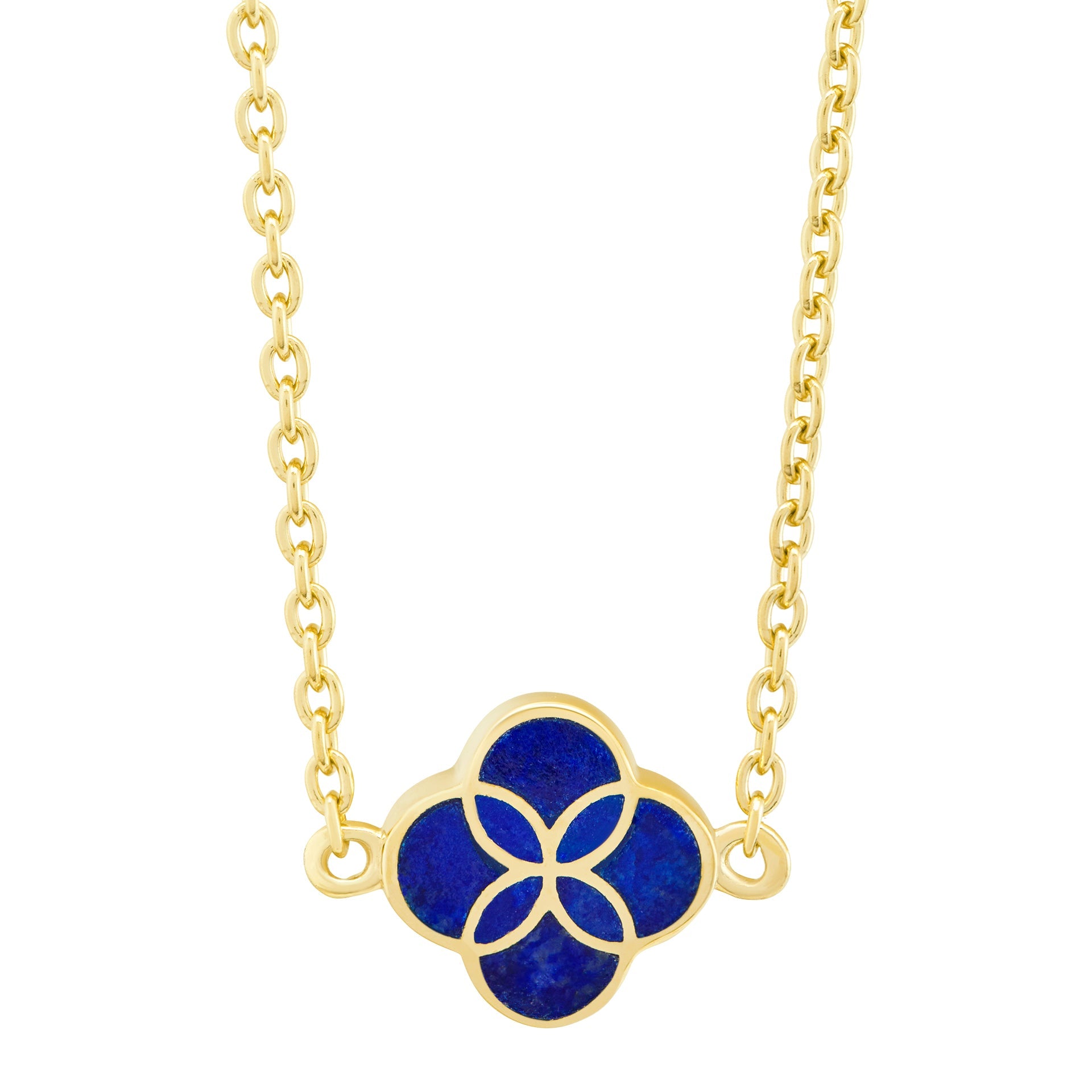 Lapis lazuli quatrefoil inlay pendant on gold cable chain necklace — Jan Leslie