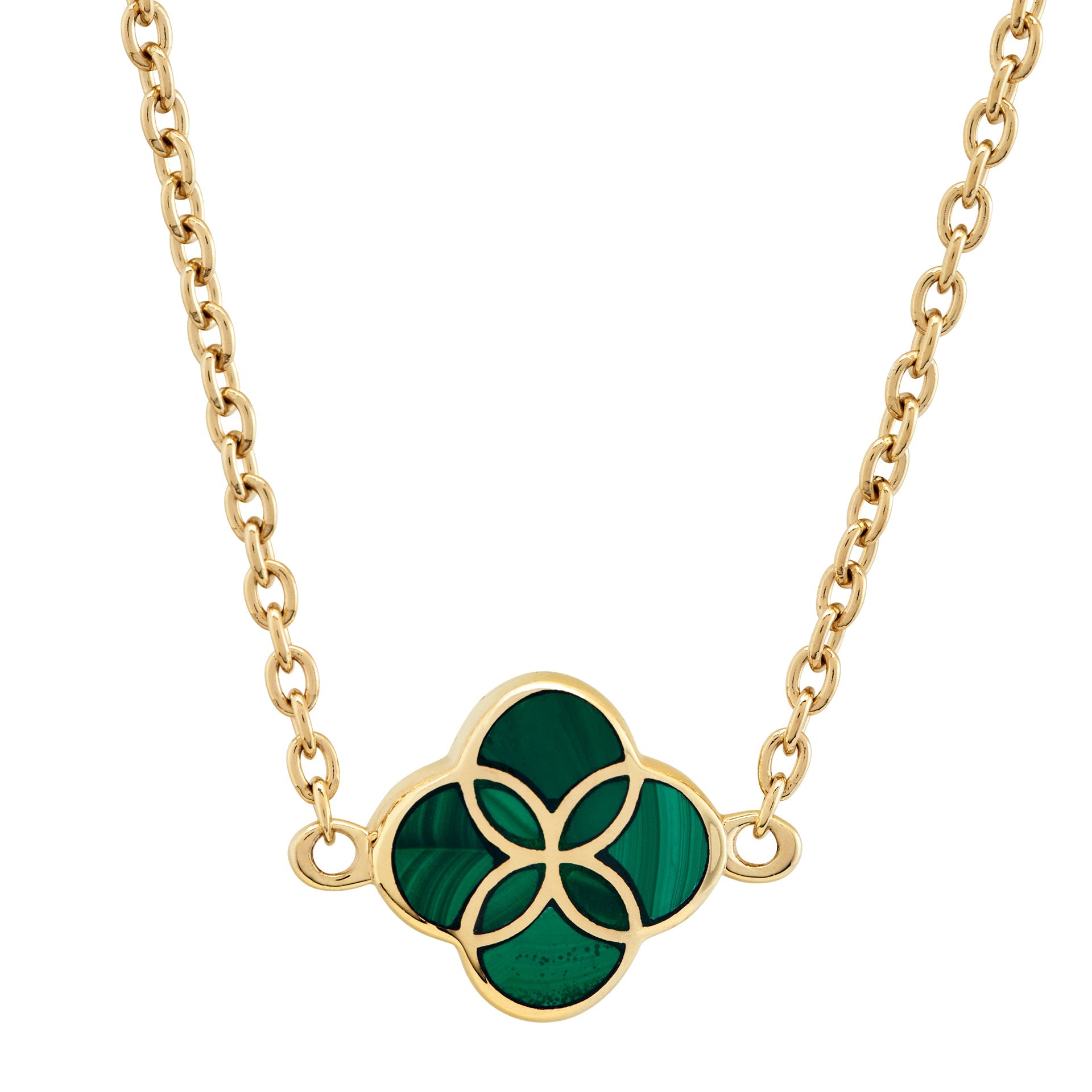 Malachite quatrefoil inlay pendant on gold cable chain necklace — Jan Leslie