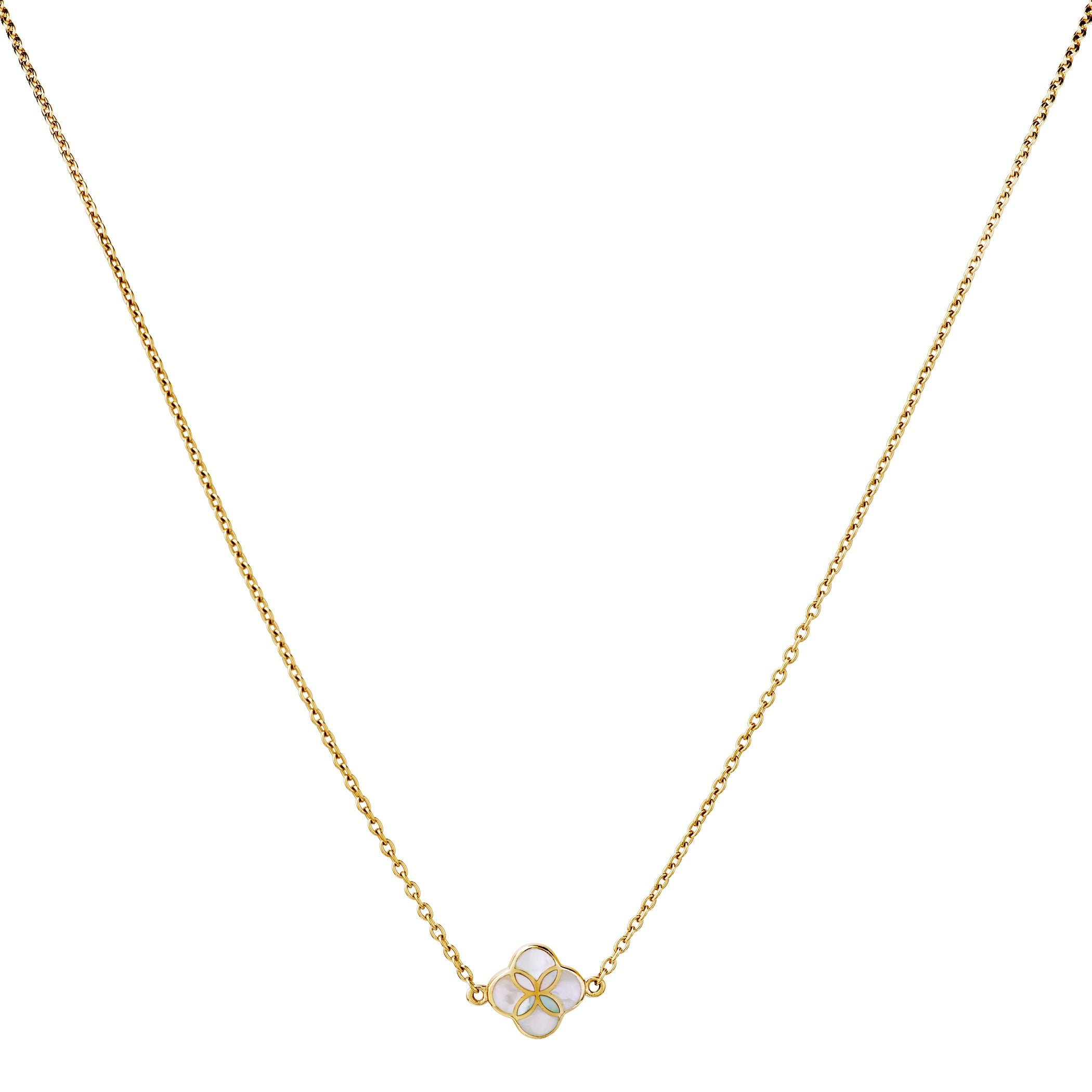 White mother-of-pearl quatrefoil inlay pendant on gold cable chain necklace — Jan Leslie