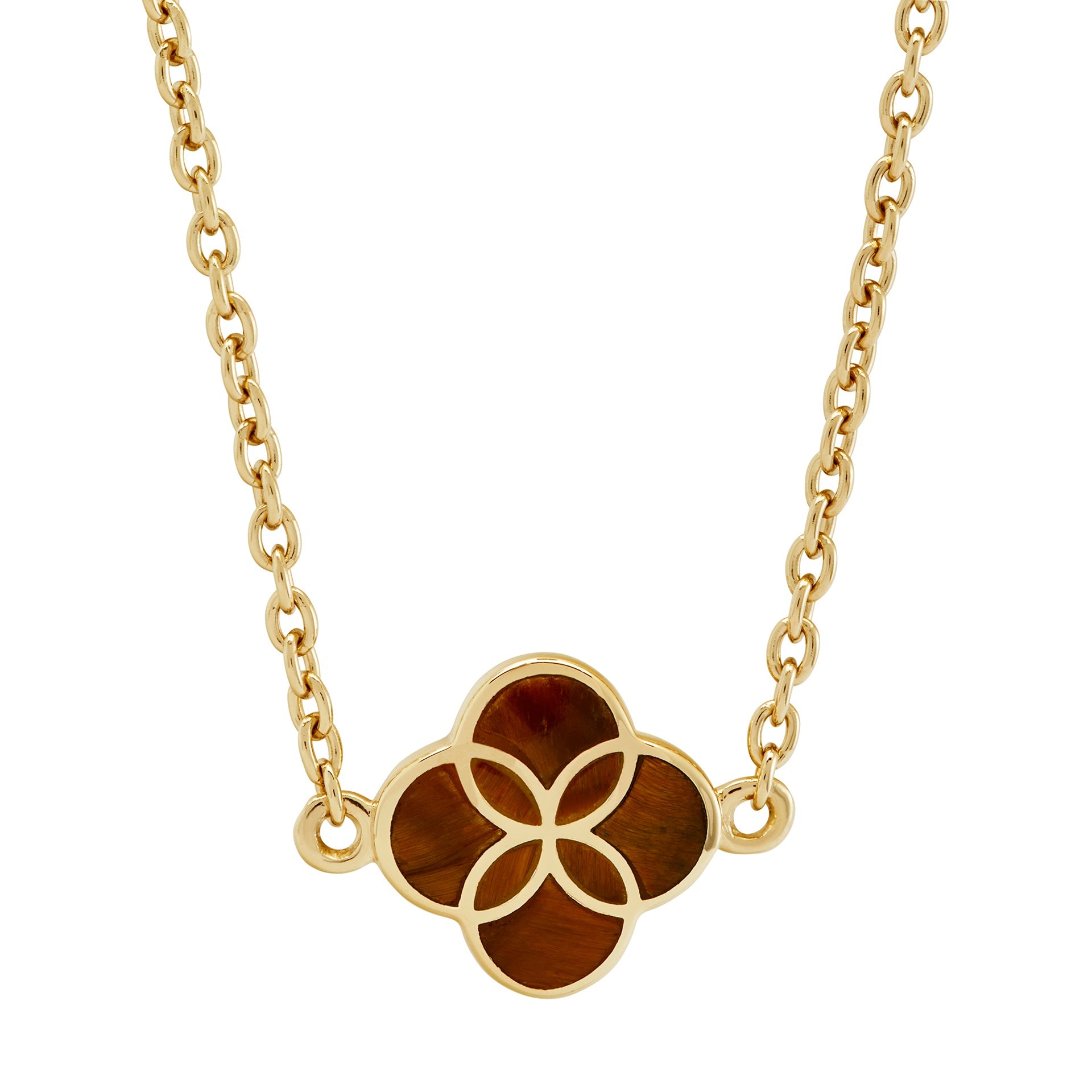 Tiger's eye quatrefoil inlay pendant on gold cable chain necklace — Jan Leslie