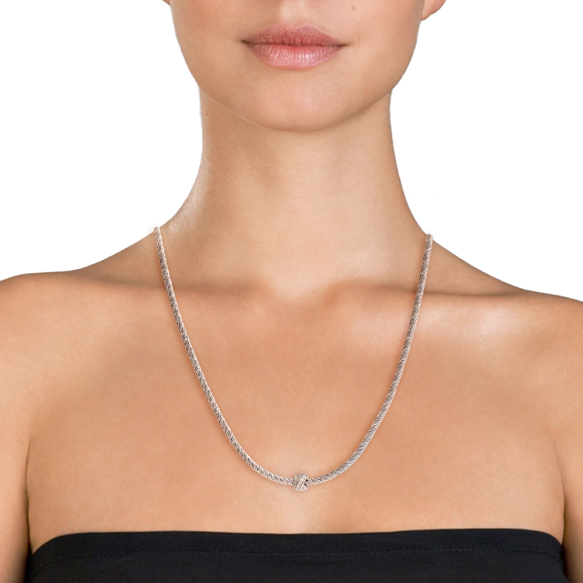 Braided sterling silver rope chain necklace with a pavé white topaz X-station centerpiece — a minimalist yet luxurious everyday necklace that sits beautifully on any neckline.