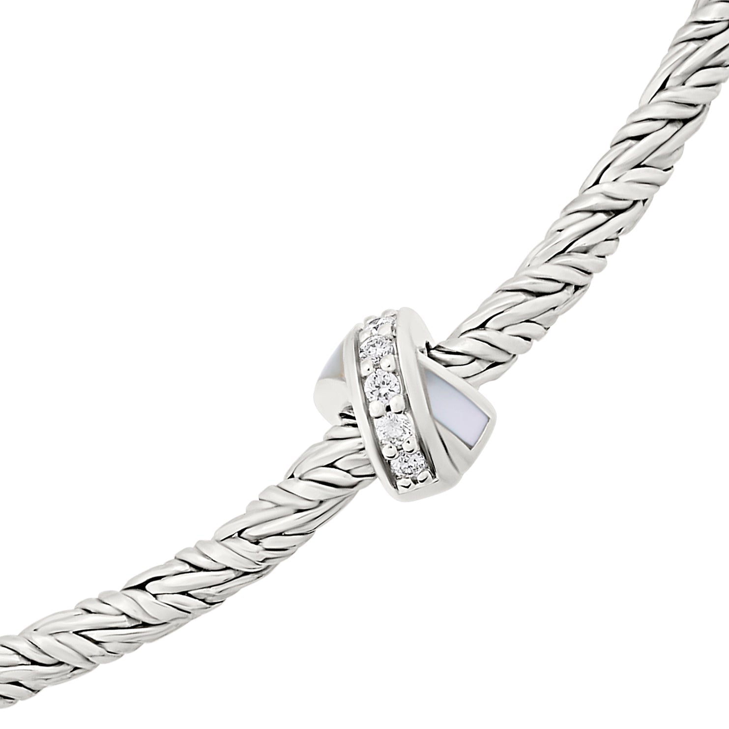 "Sterling silver rope-textured chain necklace with a diamond-set X-station centerpiece accented by white mother-of-pearl inlay.