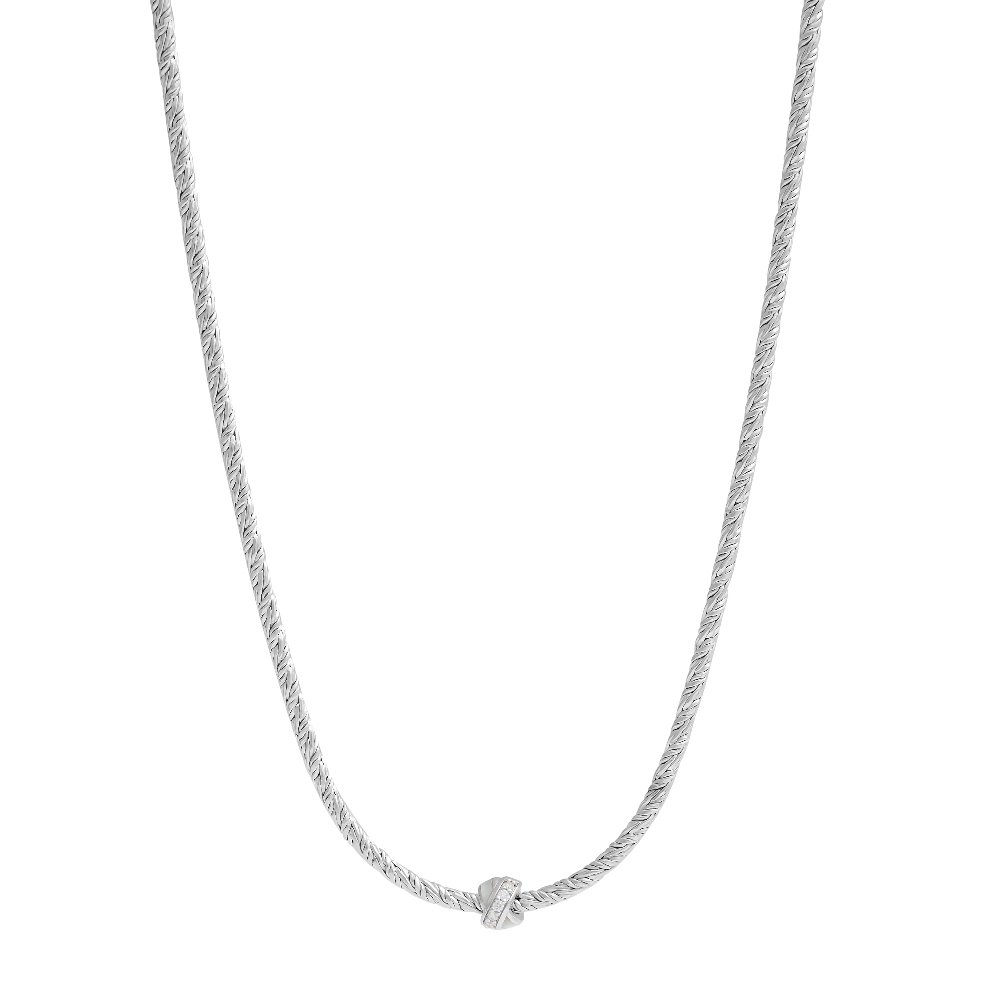 Delicate sterling silver rope-textured chain necklace with a pavé diamond-accented knot station centerpiece.