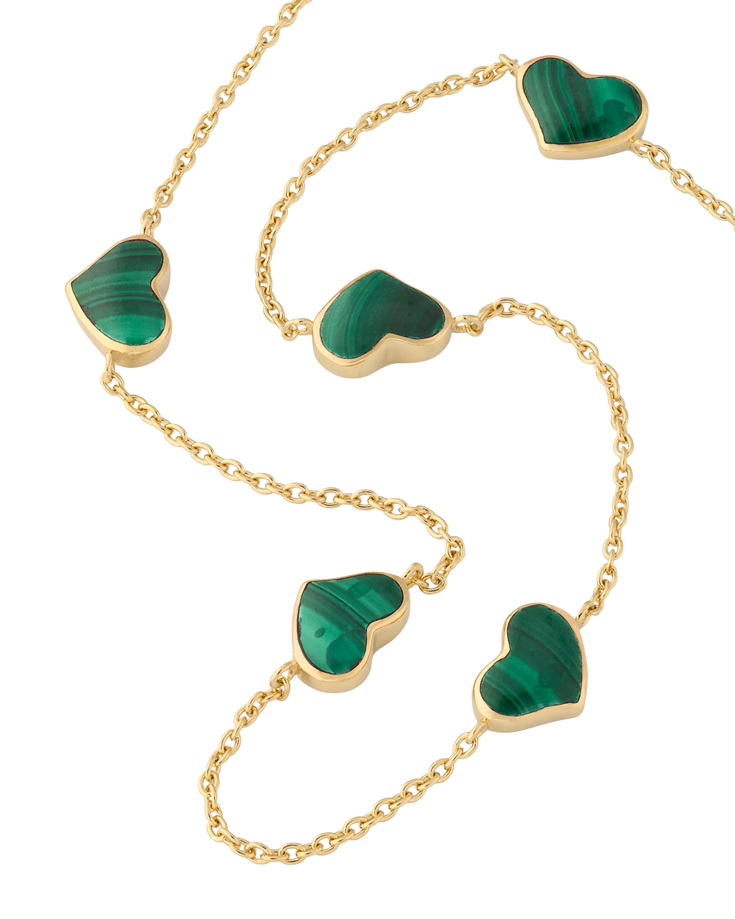 Green malachite five-heart bezel station necklace draped on gold cable chain — Jan Leslie