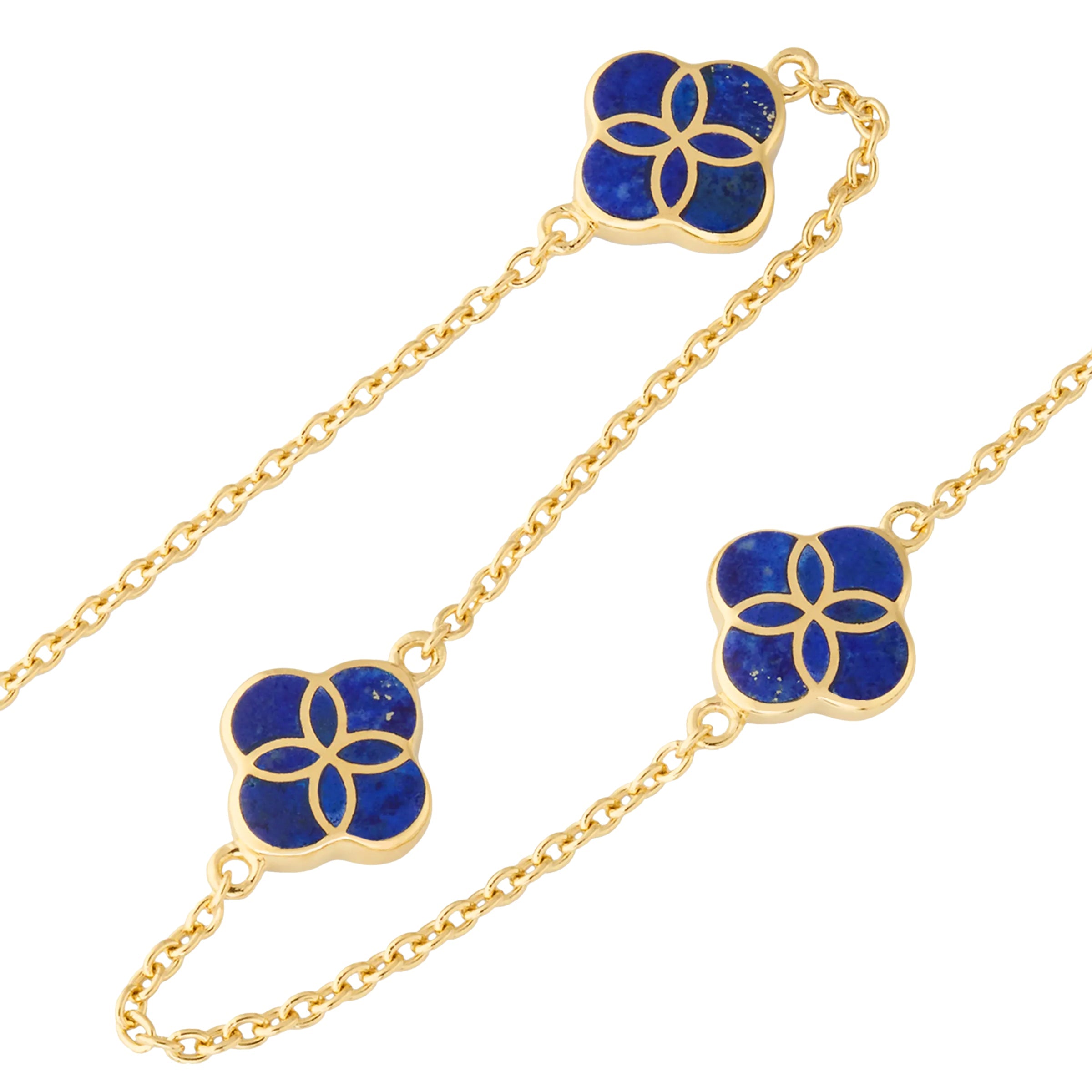Blue lapis enamel clover station necklace on gold cable chain — Jan Leslie