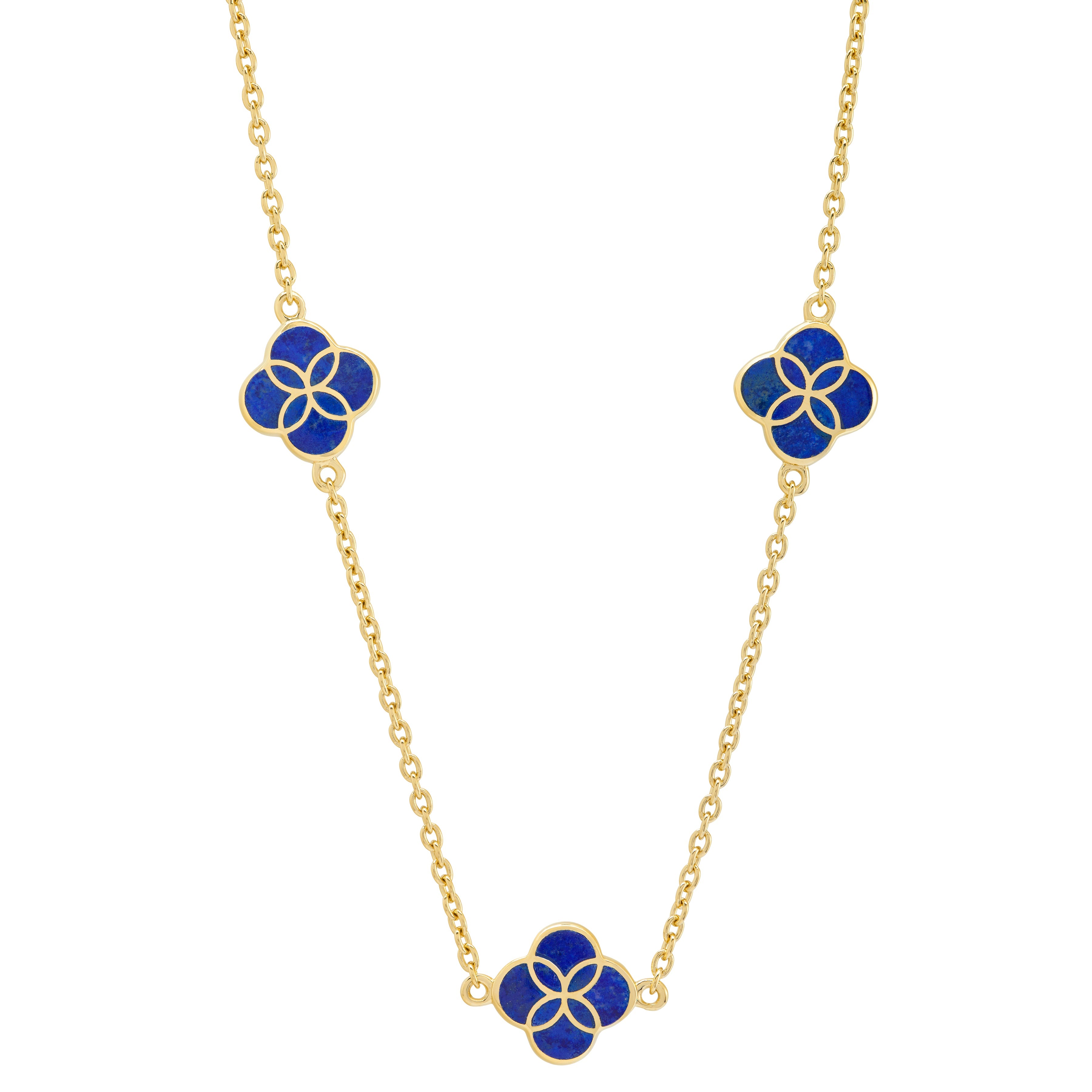 Blue lapis enamel three-clover station necklace on gold cable chain — Jan Leslie