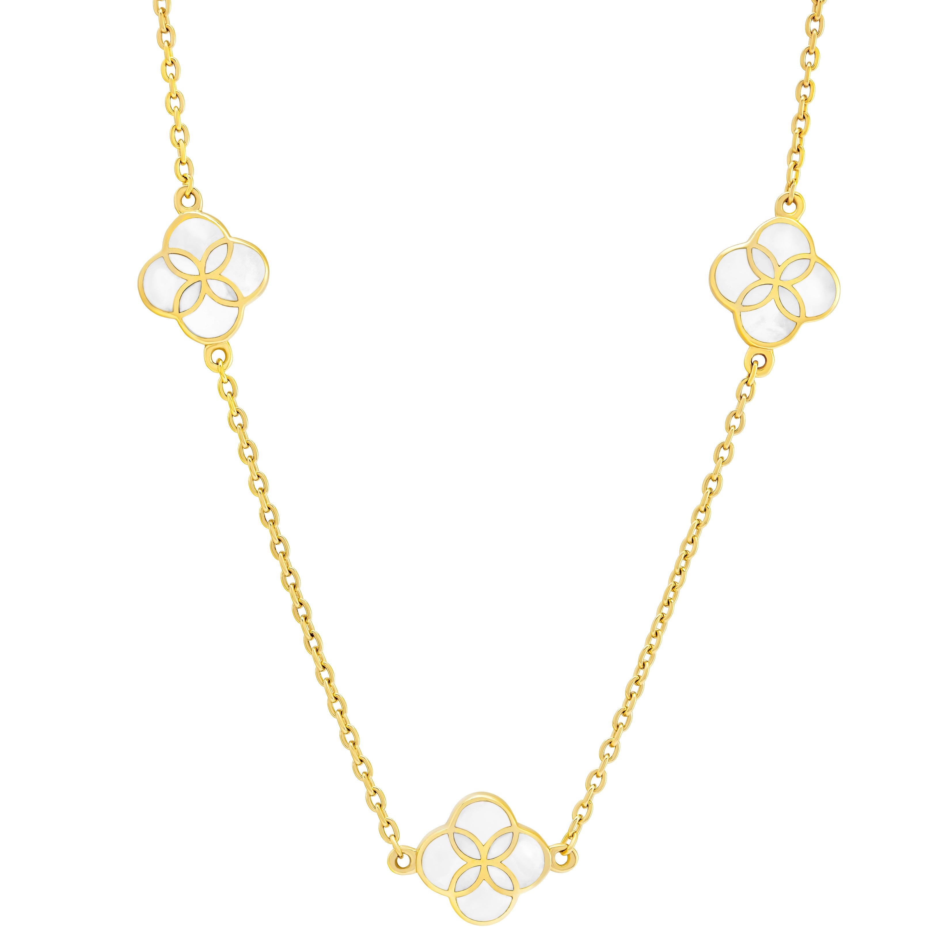 18K gold vermeil white mother-of-pearl petal Seed of Life three-station necklace full product view showing three luminous iridescent white MOP quatrefoil clover stations with Seed of Life gold cutwork lattice integrated into medium gold cable chain on white background by Jan Leslie