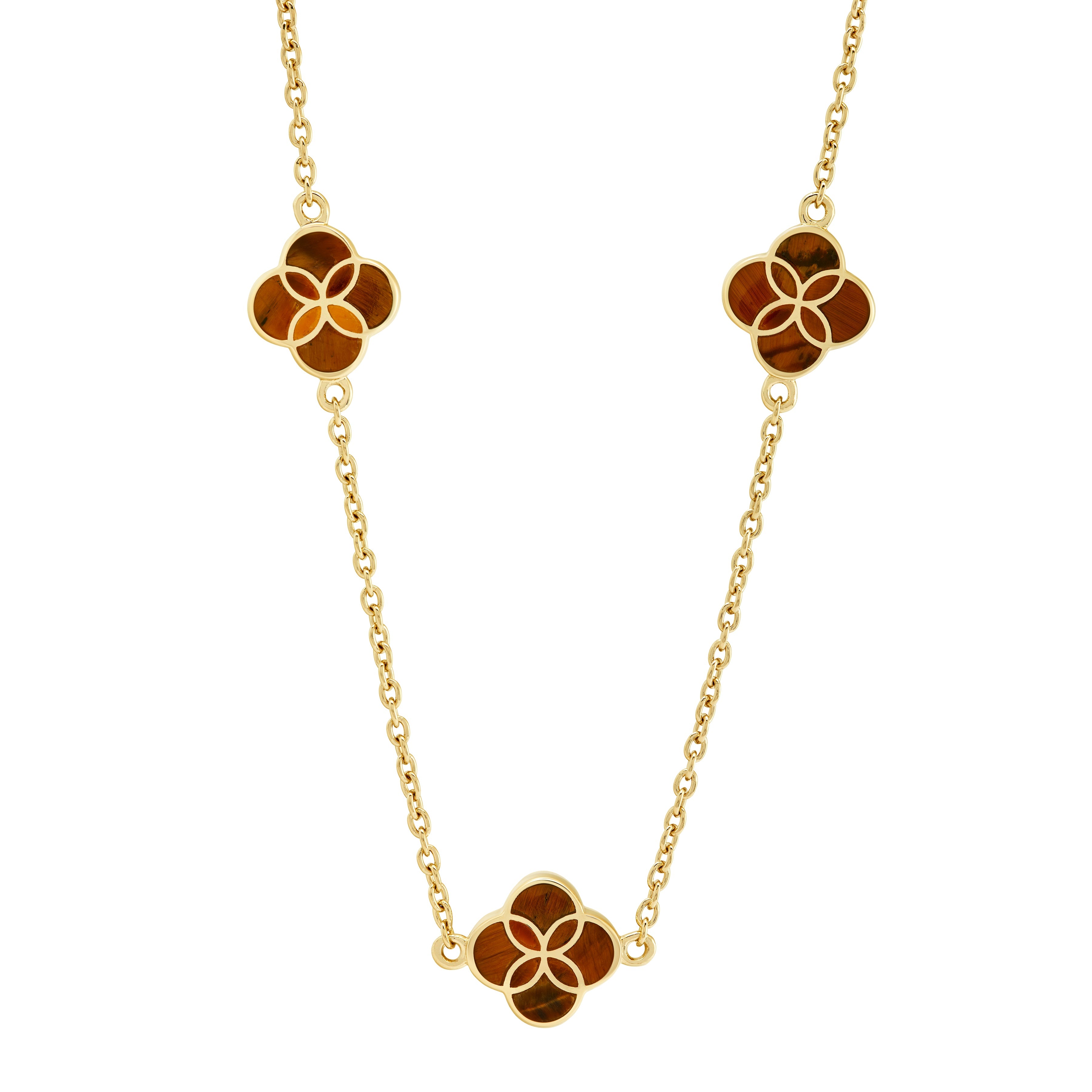 18K gold vermeil tiger eye petal Seed of Life three-station necklace full view showing three natural chatoyant tiger eye quatrefoil clover stations with Seed of Life gold cutwork lattice on medium gold cable chain by Jan Leslie