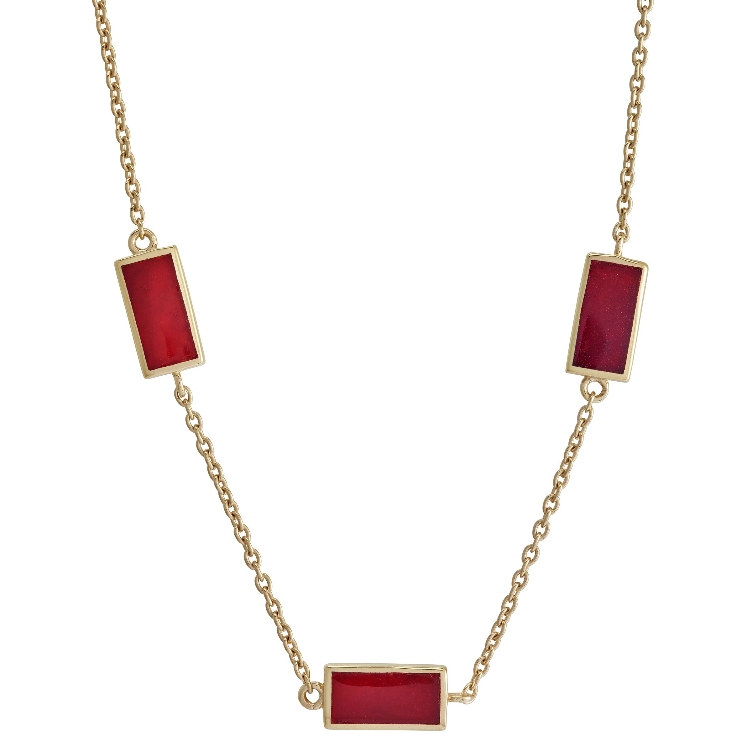 Gold vermeil sterling silver three-station red carnelian rectangle necklace with bezel-set deep red stone inlays on oval link cable chain, Jan Leslie luxury women's fine jewelry.
