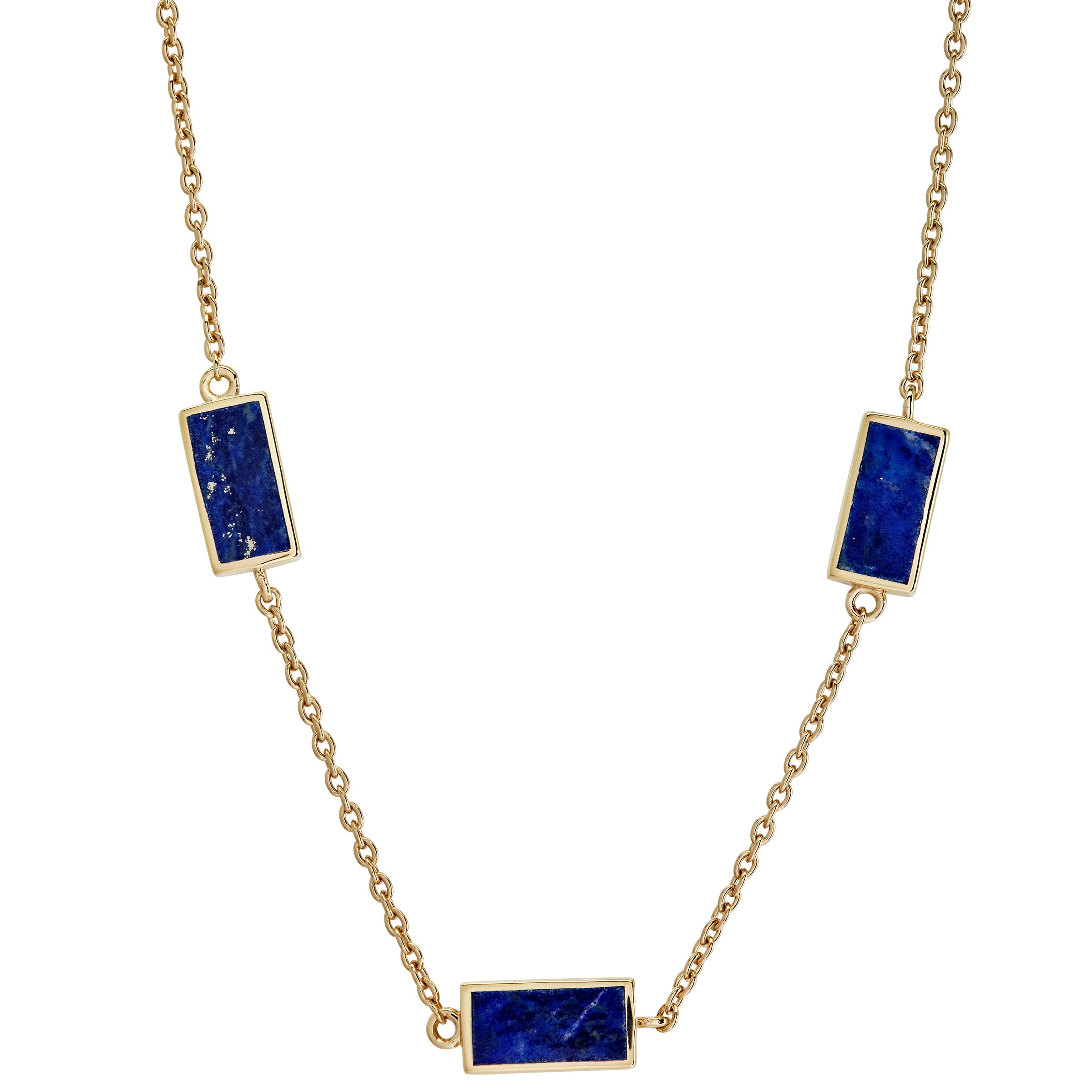 Gold cable chain station necklace with three rectangular lapis lazuli stones in gold bezel settings.