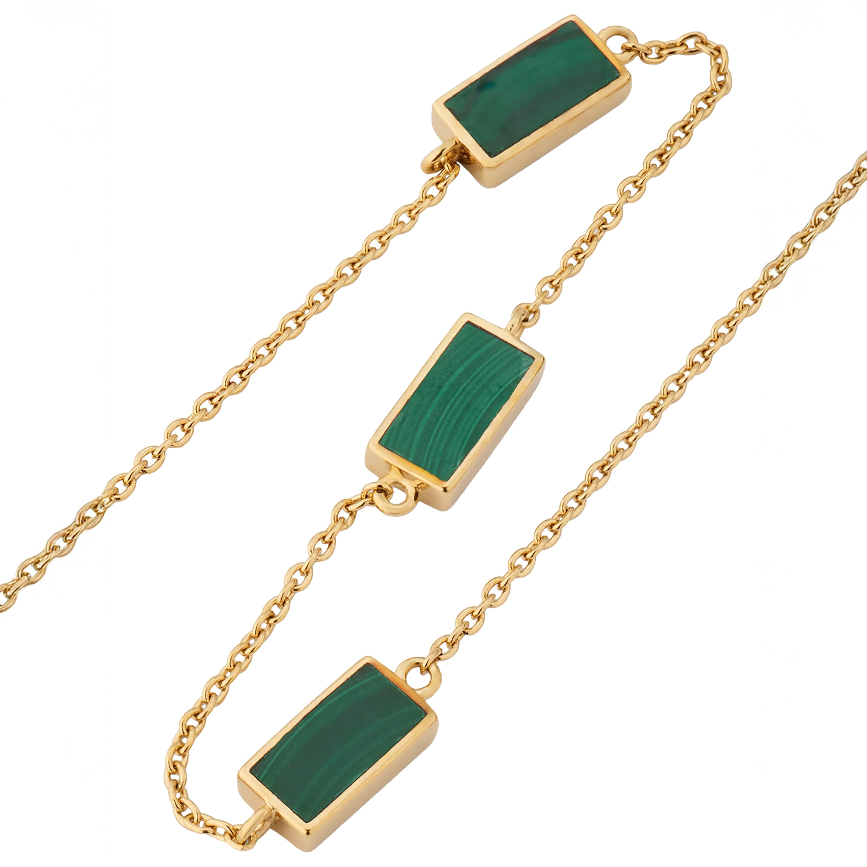 Angled close-up of gold vermeil sterling silver three-station malachite rectangle necklace showing bezel-set banded green stone inlay detail and oval link cable chain, Jan Leslie luxury women's fine jewelry detail.