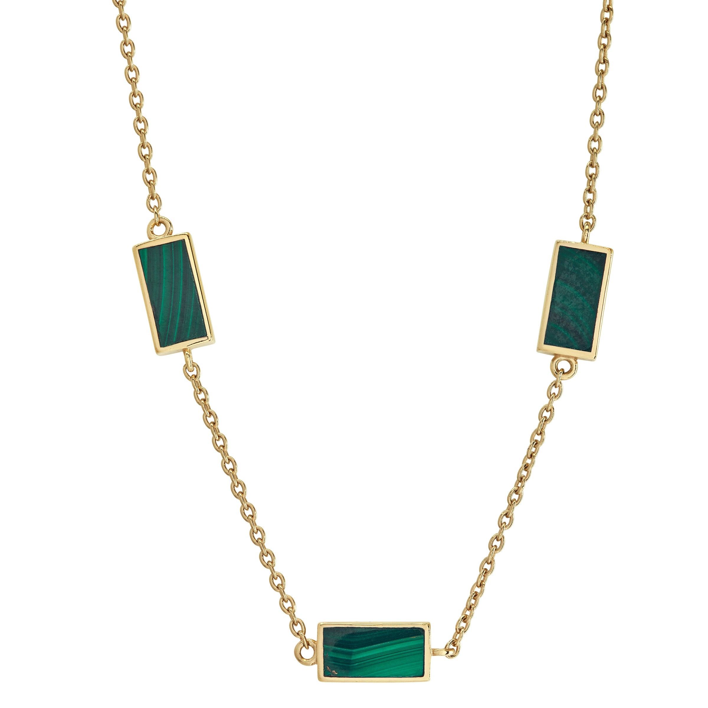 Gold vermeil sterling silver three-station malachite rectangle necklace with bezel-set banded green stone inlays on oval link cable chain, Jan Leslie luxury women's fine jewelry.