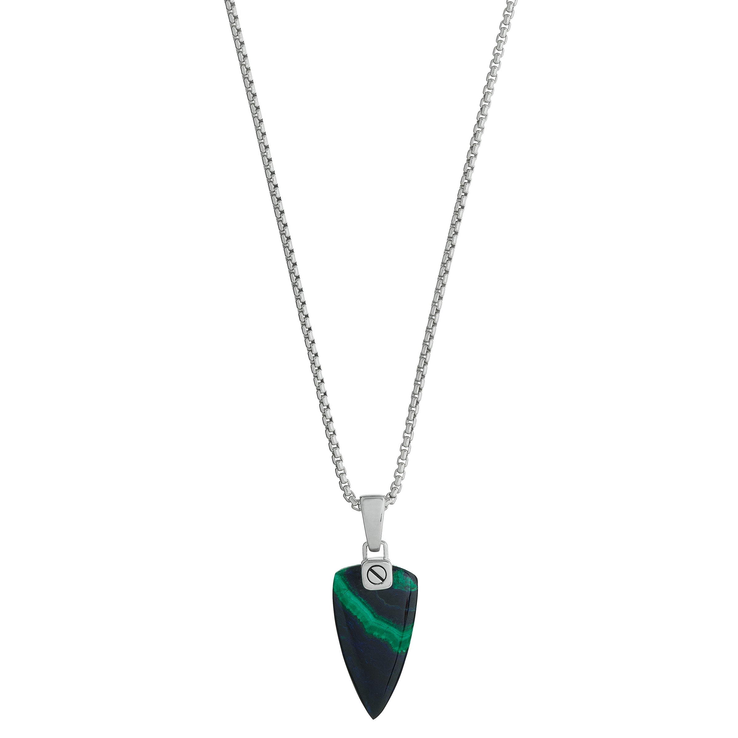 Sterling silver wide box chain necklace with freeform malachite arrowhead pendant full draped view showing deep forest green malachite with vivid emerald banding and polished silver screw-head bail by Jan Leslie