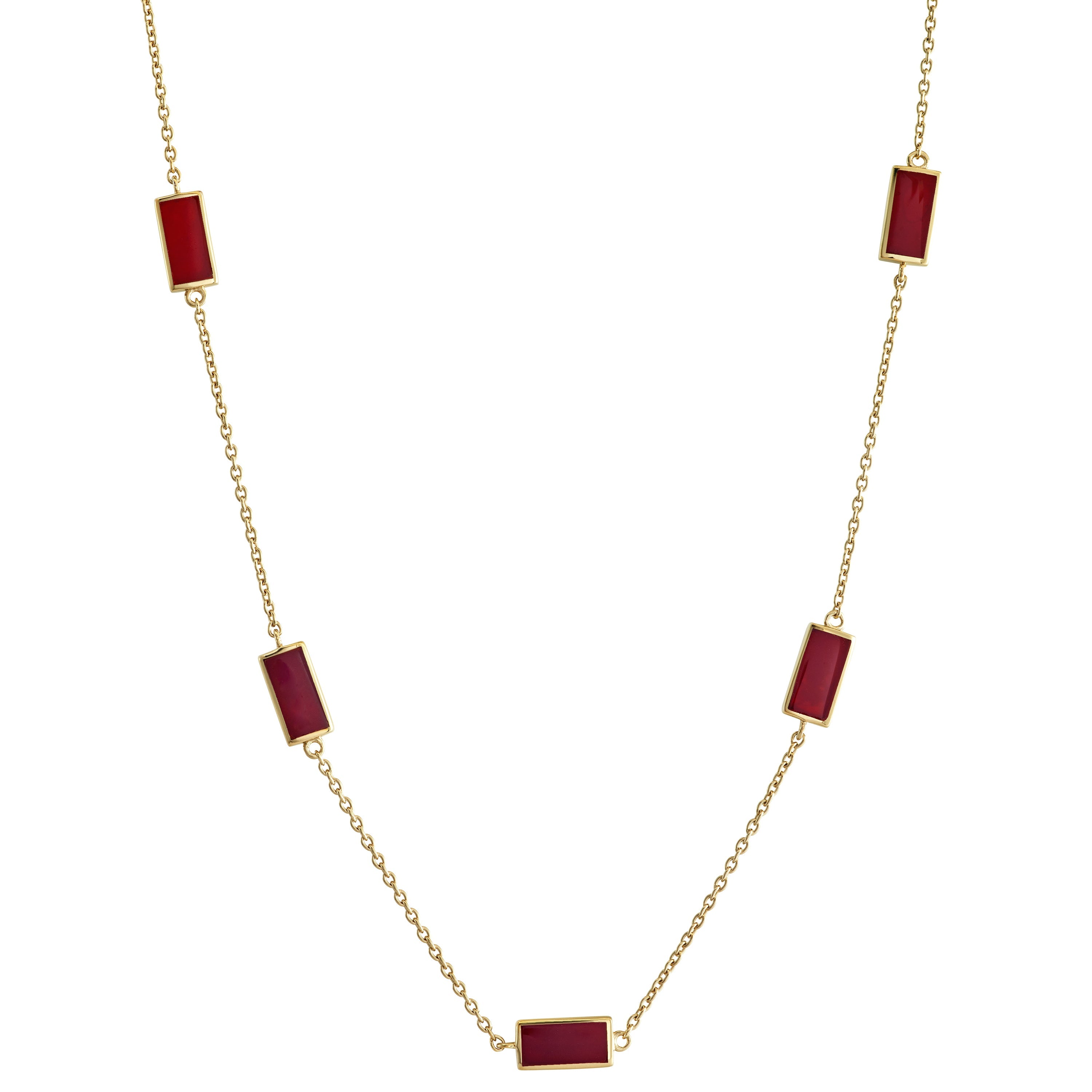 Gold vermeil necklace featuring five bezel-set rectangular carnelian stations on a delicate cable chain — rich, warm red for effortless everyday luxury.