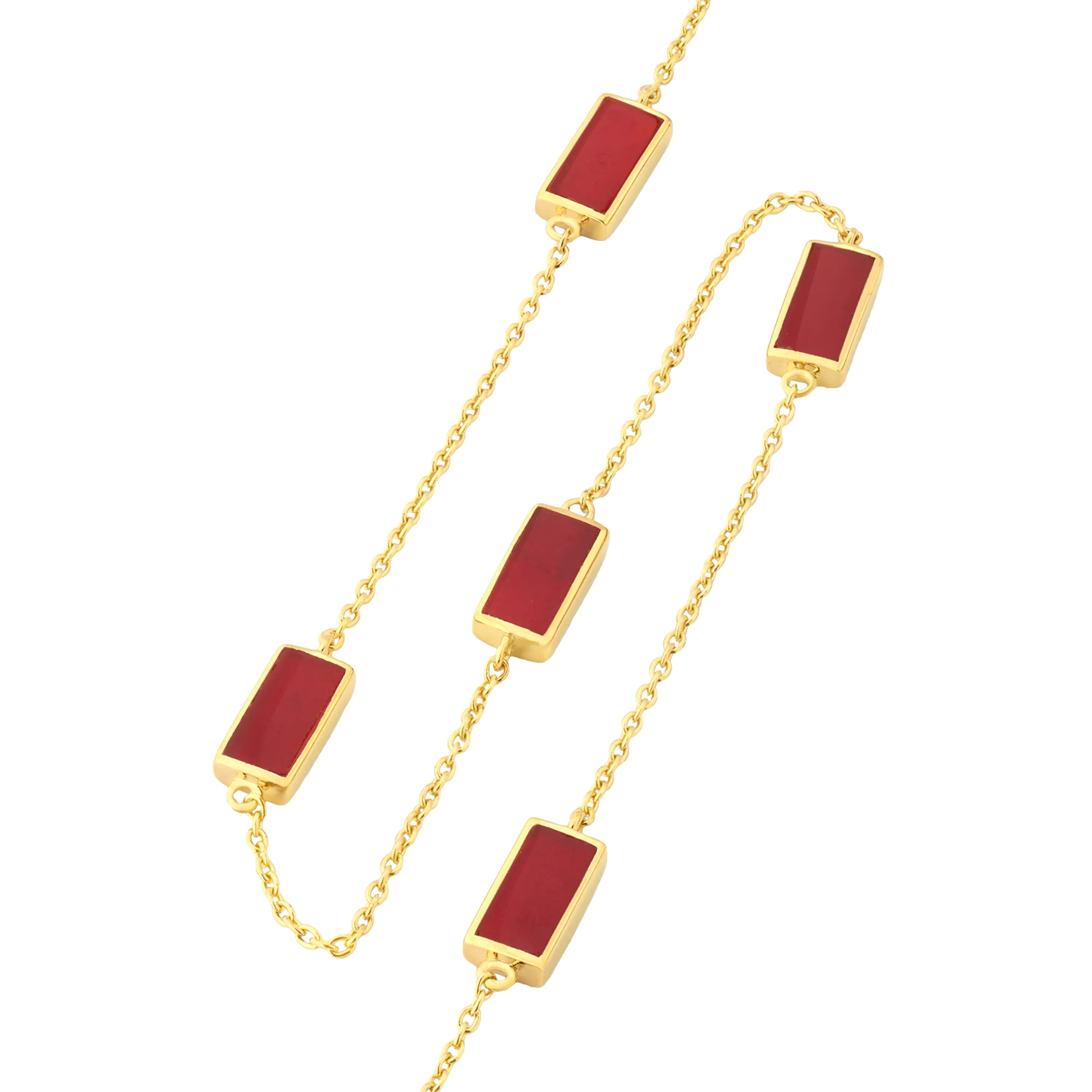 Gold vermeil five-station rectangular carnelian necklace on long cable chain by Jan Leslie.