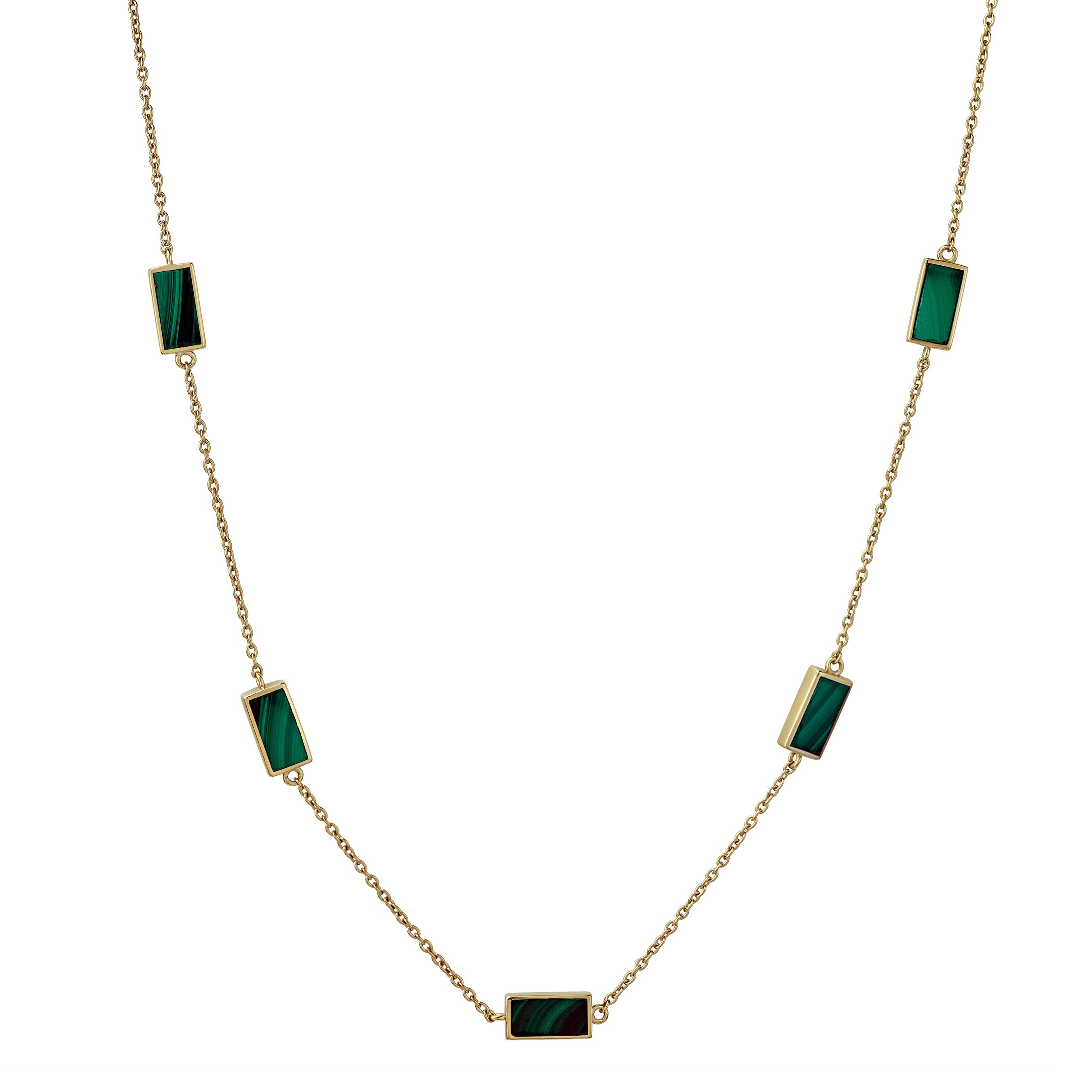 Gold vermeil five-station rectangular malachite bezel necklace on cable chain by Jan Leslie.