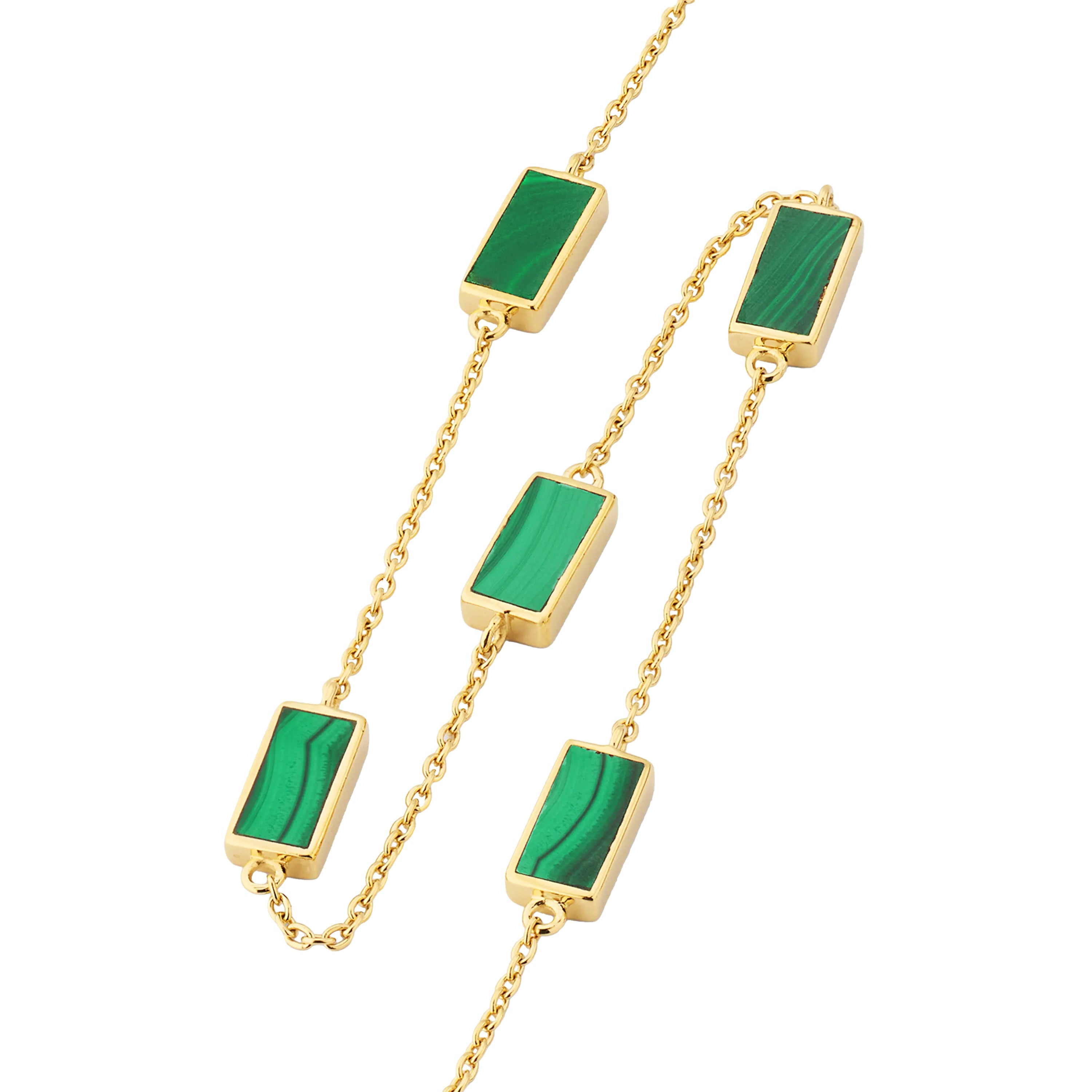 Gold vermeil five-station rectangular malachite bezel necklace draped showing all stations and cable chain detail by Jan Leslie.