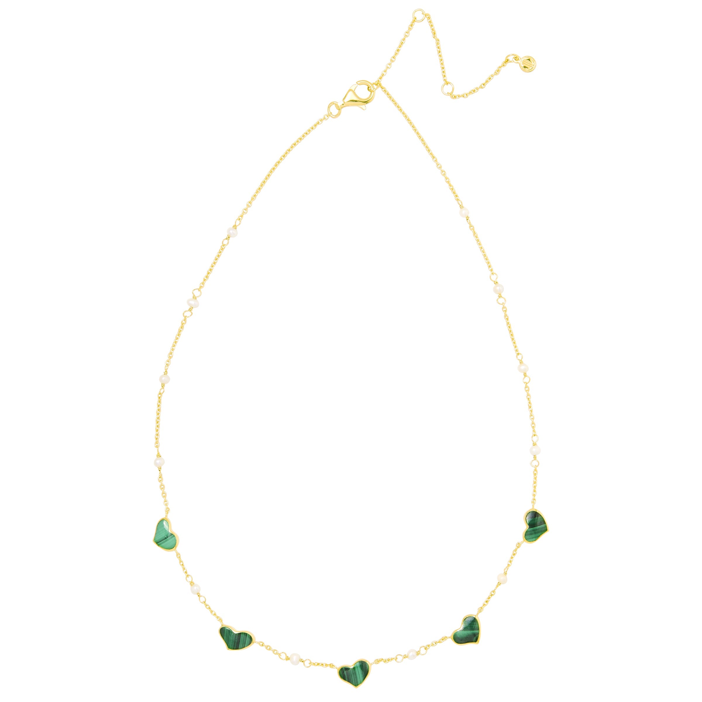 Gold vermeil sterling silver malachite heart and freshwater pearl station necklace showing adjustable lobster clasp and extender chain, Jan Leslie luxury women's fine jewelry.