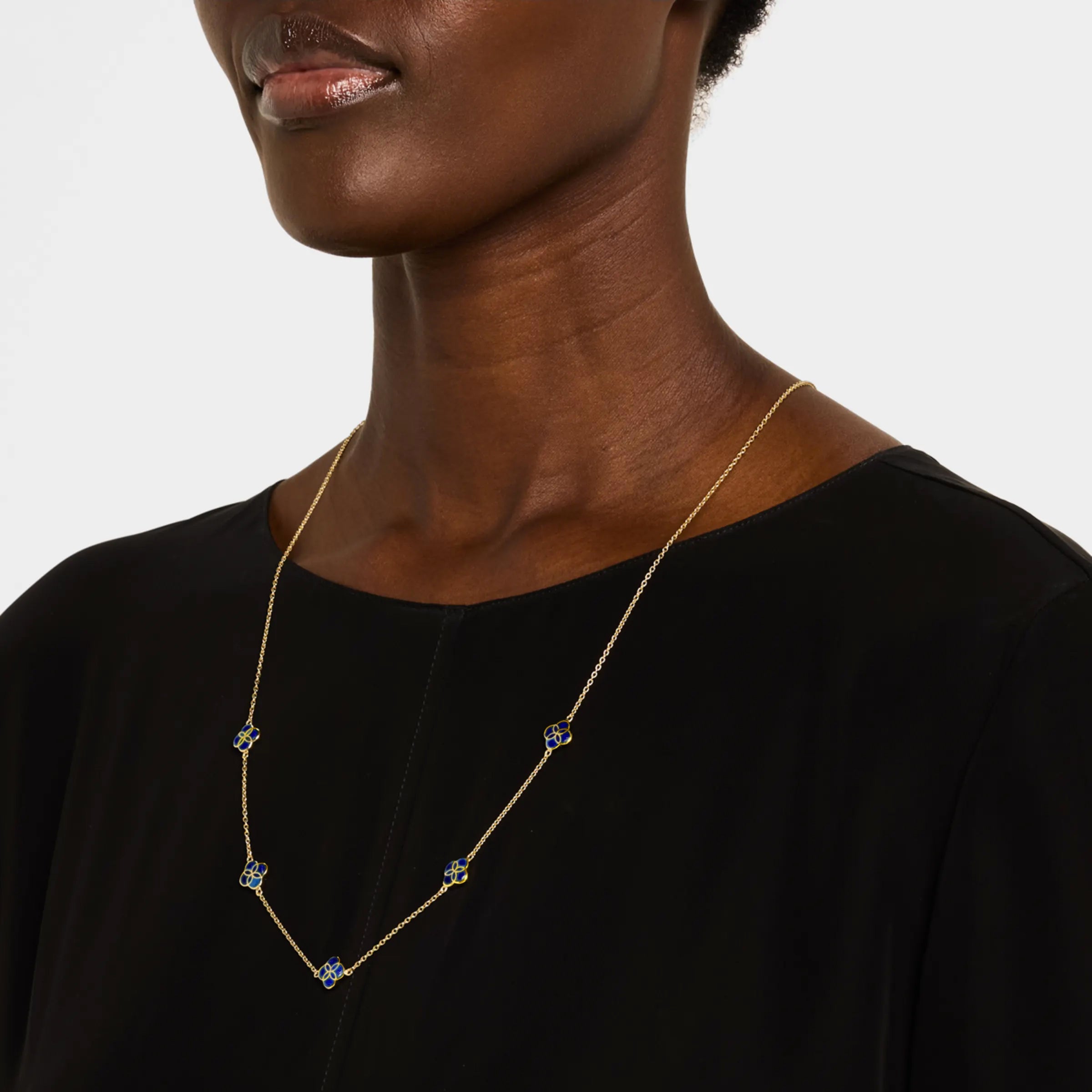Blue lapis enamel clover station necklace on gold chain — Jan Leslie